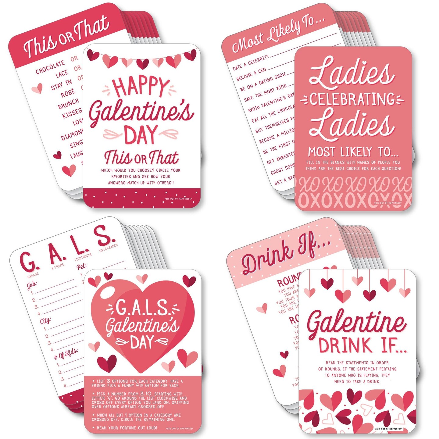 Big Dot of Happiness Happy Galentine's Day - 4 Valentine's Day Party Games - 10 Cards Each - Gamerific Bundle