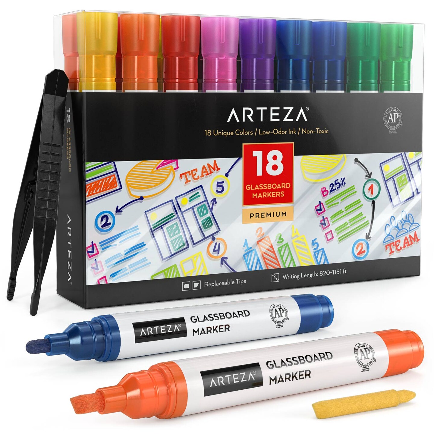 Arteza Washable Glass Board Markers Set, Assorted Classic & Neon Colors, Non-Toxic - 18 Pack