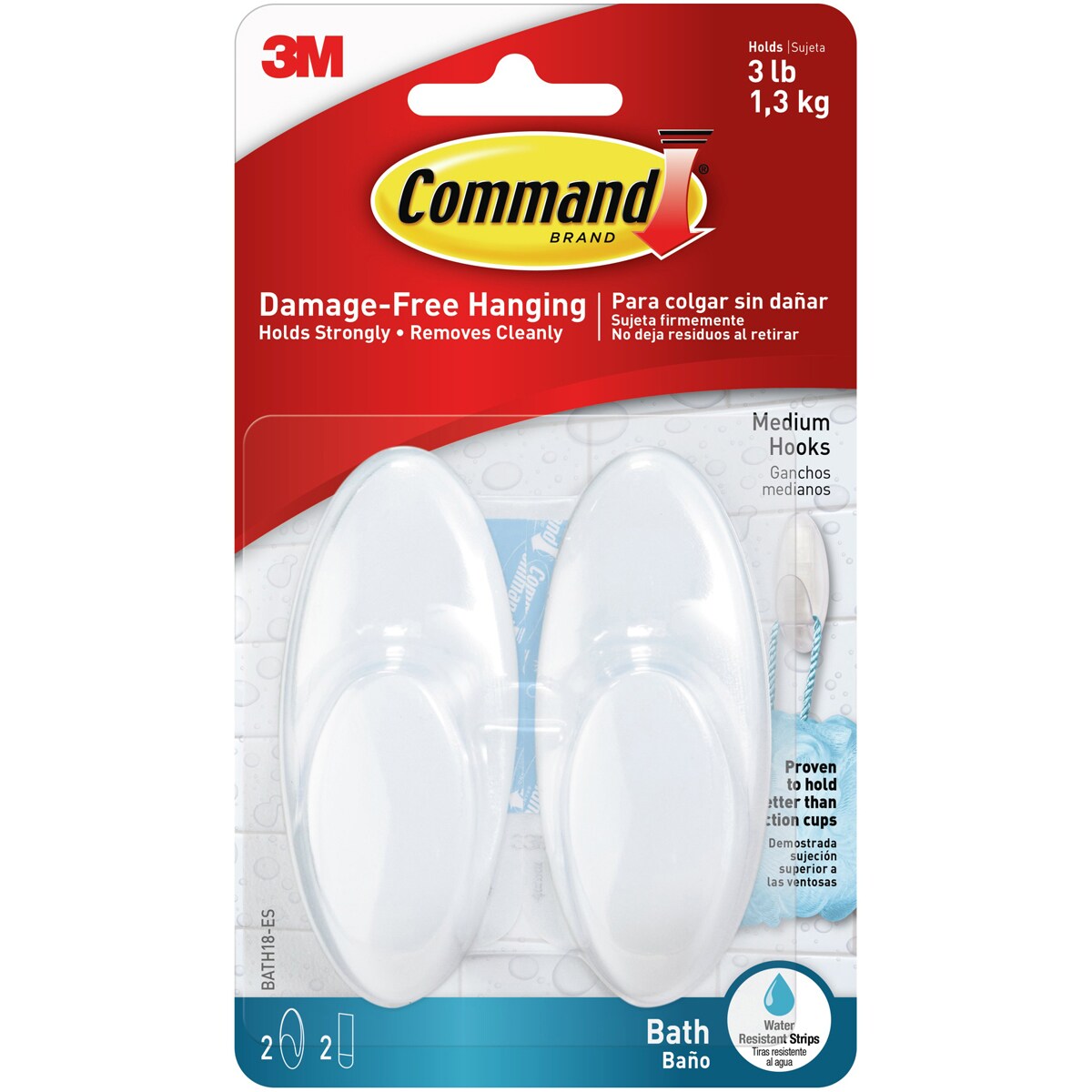 Command Bath Hook 2/Pkg-2 White Hooks &#x26; 2 Strips