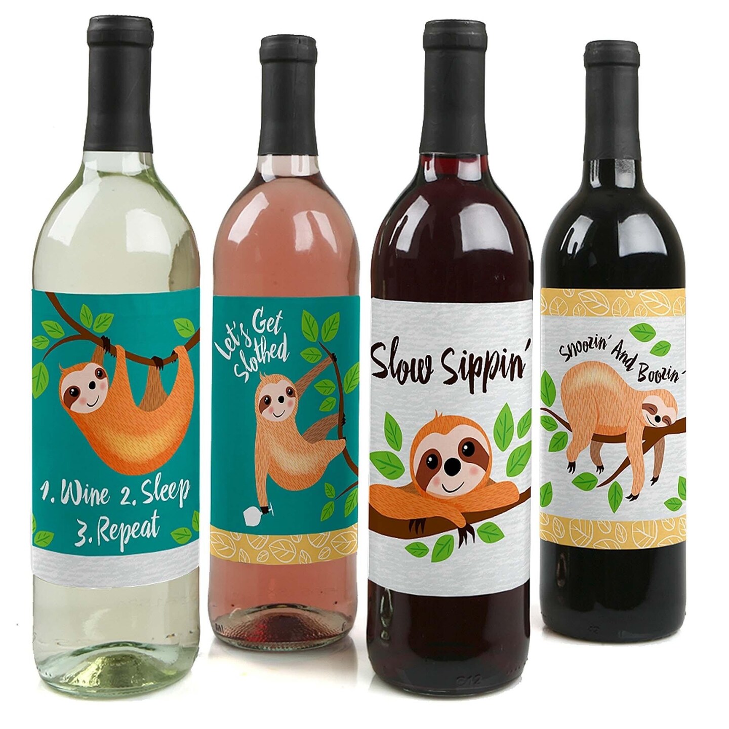 Big Dot of Happiness Let&#x27;s Hang - Sloth - Baby Shower or Birthday Party Decorations for Women and Men - Wine Bottle Label Stickers - Set of 4
