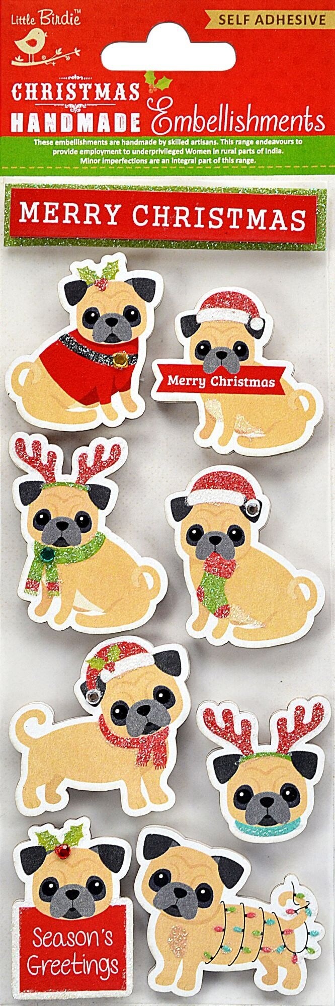 Little Birdie Christmas Glitter Embellishment 9/Pkg-Pugs