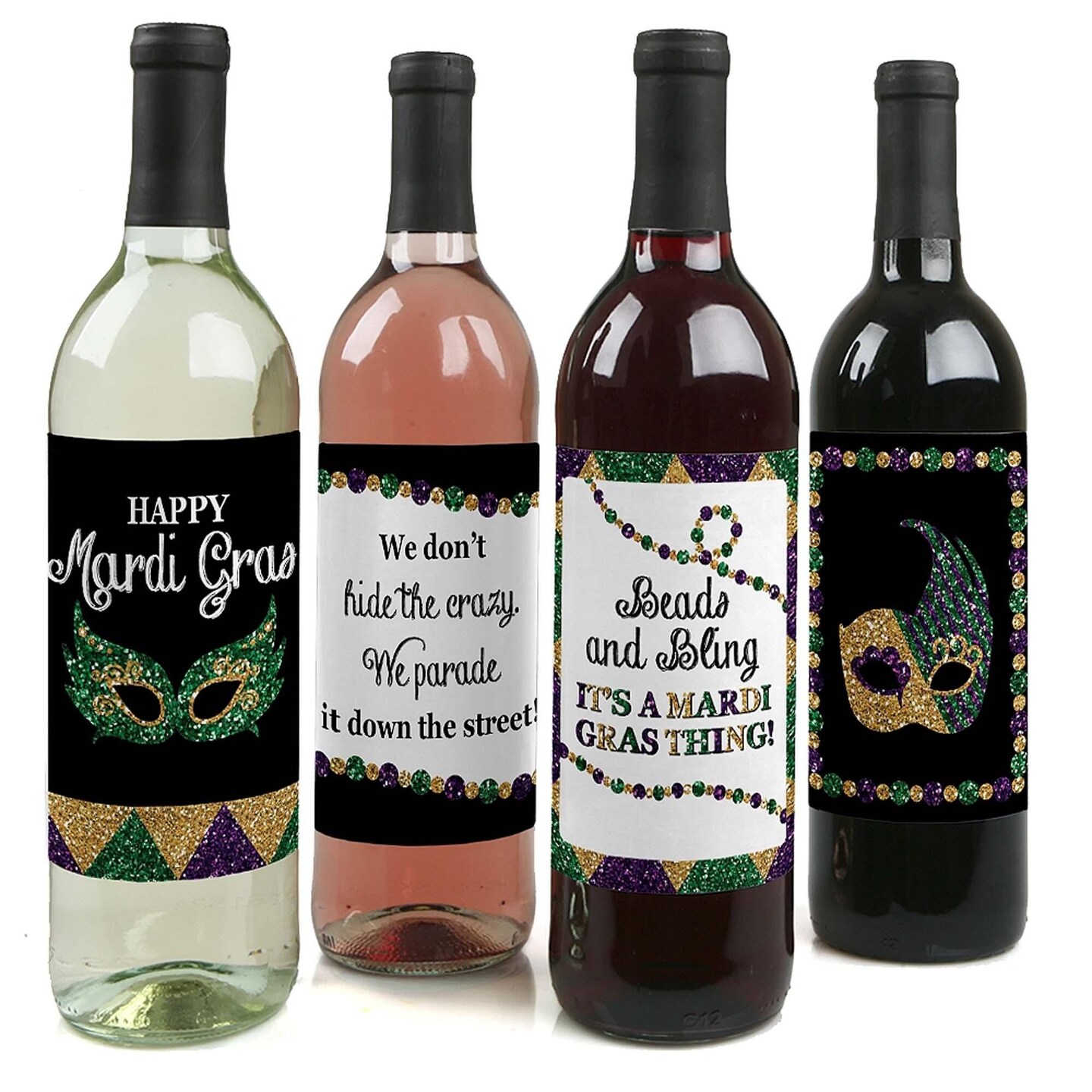 Big Dot of Happiness Mardi Gras - Masquerade Party Decorations for Women and Men - Wine Bottle Label Stickers - Set of 4