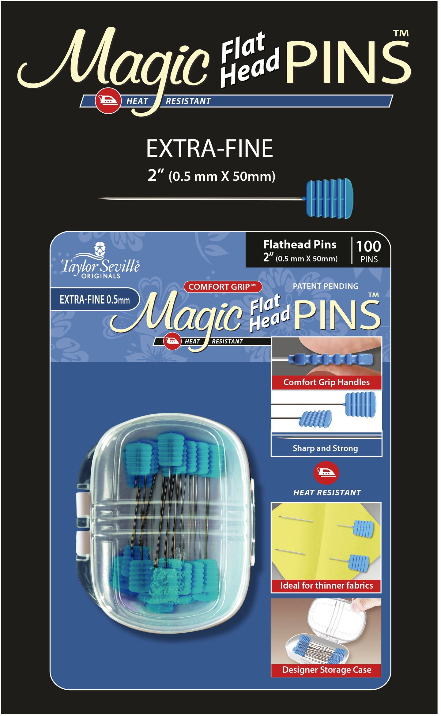 Taylor Seville Magic Pins - Flat Head Extra Fine-Blue 100/Pkg