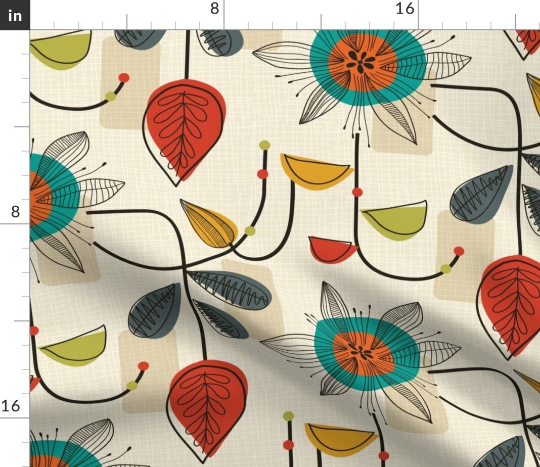Mid Century Retro Floral Block Colour Cream Beige Geometric Shapes Atomic Age Custom Printed Fabric by Spoonflower Various Fabrics by the Yard or Fat Quarter