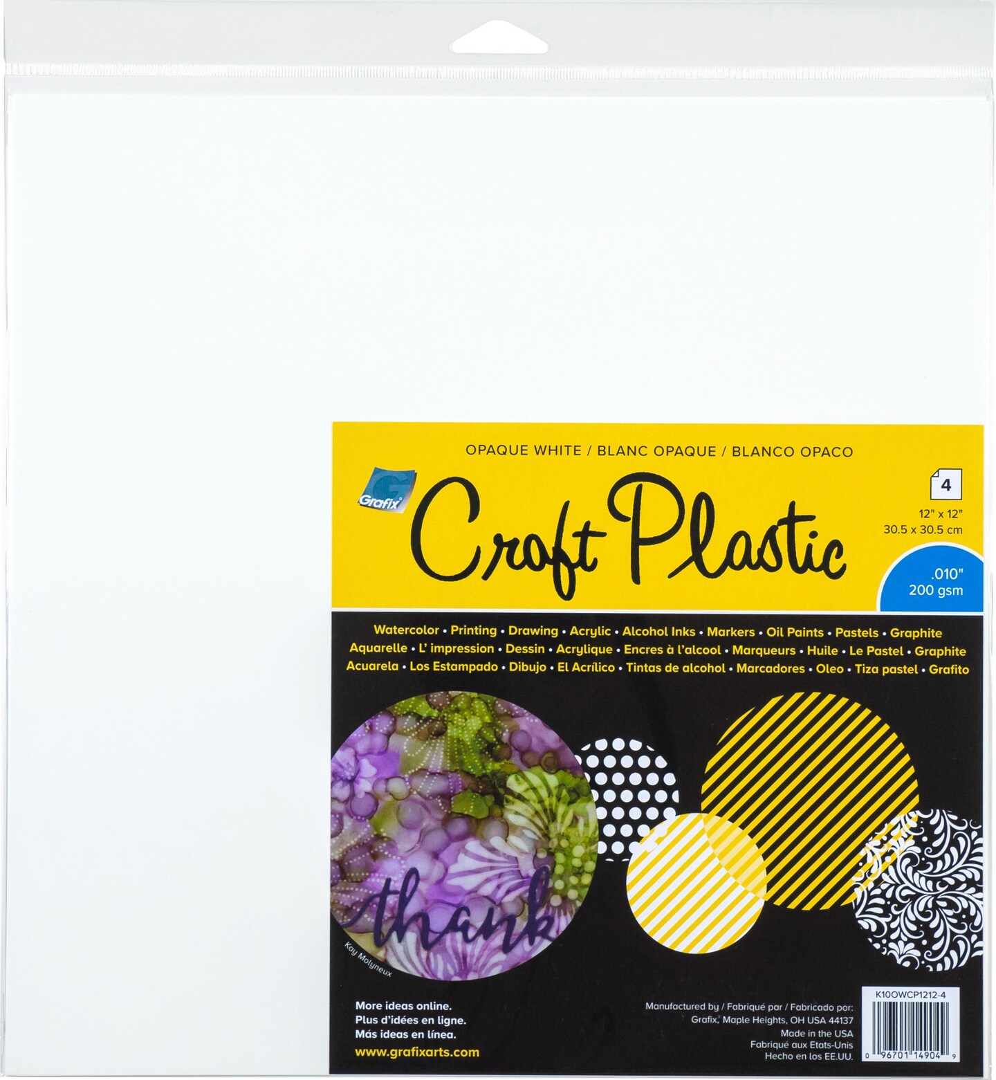 Grafix Craft Plastic Sheets 12&#x22;X12&#x22; 4/Pkg-Opaque White .010
