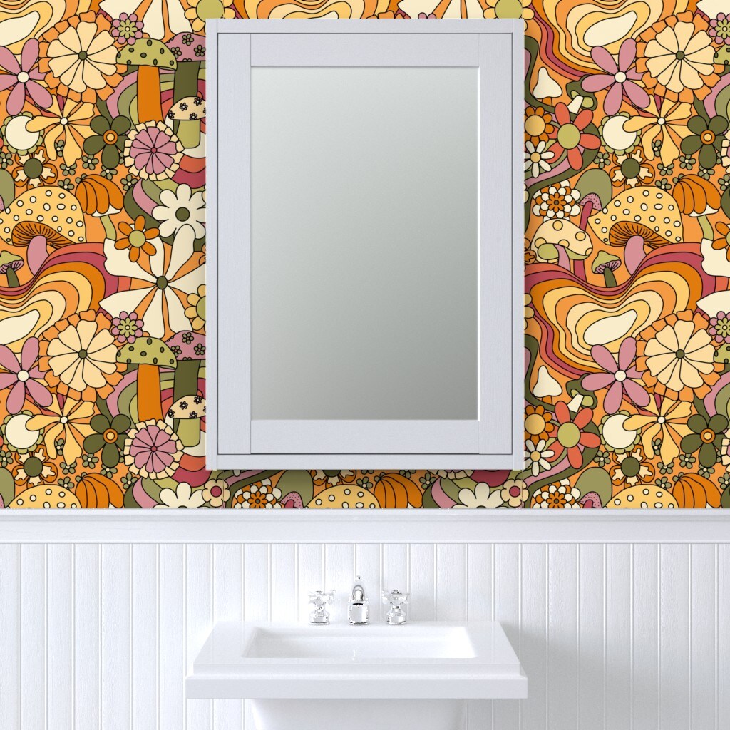 Peel &#x26; Stick Wallpaper 2FT Wide Retro Vintage Floral Retro Hippie Groovy 70S 60S Bohemian Boho Daisy Custom Removable Wallpaper by Spoonflower
