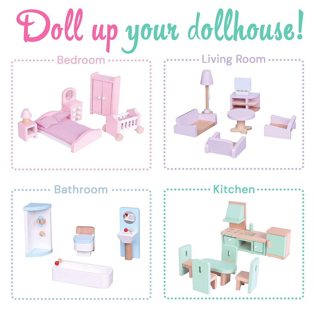 Beverly Hills Doll Collection Wooden Dollhouse Furniture Set for Kids -  Miniature Dollhouse Accessories 24PCS Doll House Furnishings with Kitchen,  Living Room, Bedroom, and Bathroom for Doll Family