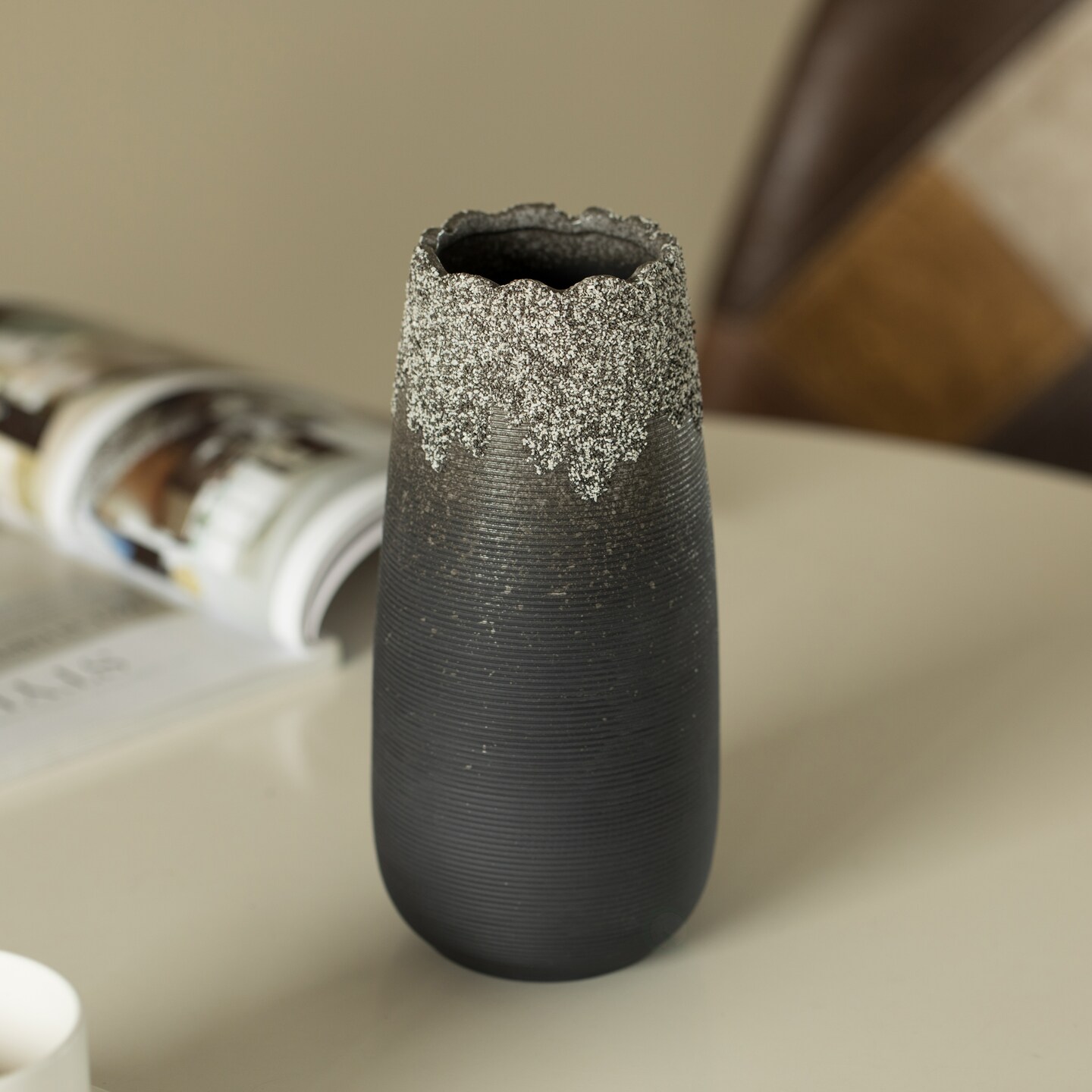 Modern Farmhouse Home D&#xE9;cor Accents; Boho Vases for Table Decor, Housewarming Gifts, Black Ceramic Table Vase with Dripping Crystal Look and Scalloped Opening Design