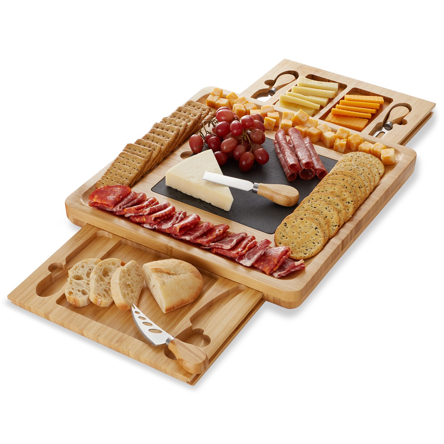 Casafield Charcuterie Board, Large Bamboo Cheese Board and Knife Gift Set - Gift for Women, House Warming, New Home, Wedding - Wooden Serving Tray with Slate Cheese Plate and Slide-Out Drawers