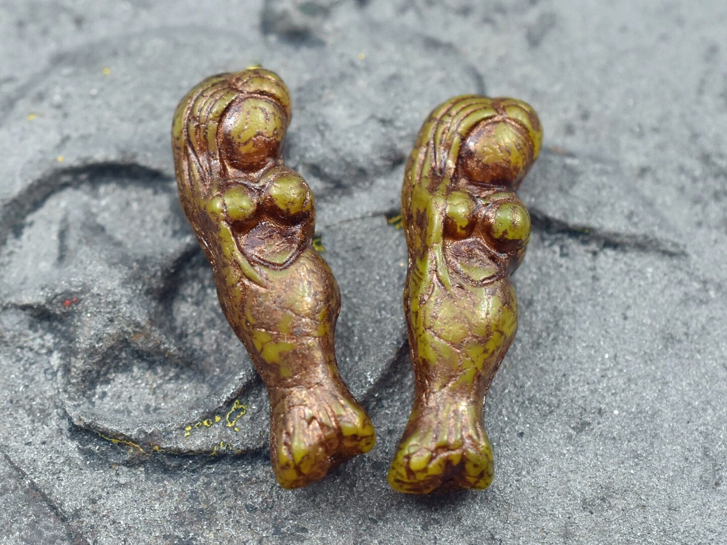 *2* 5x28mm Gold &#x26; Brown Washed Matte Burnt Orange Mermaid Beads