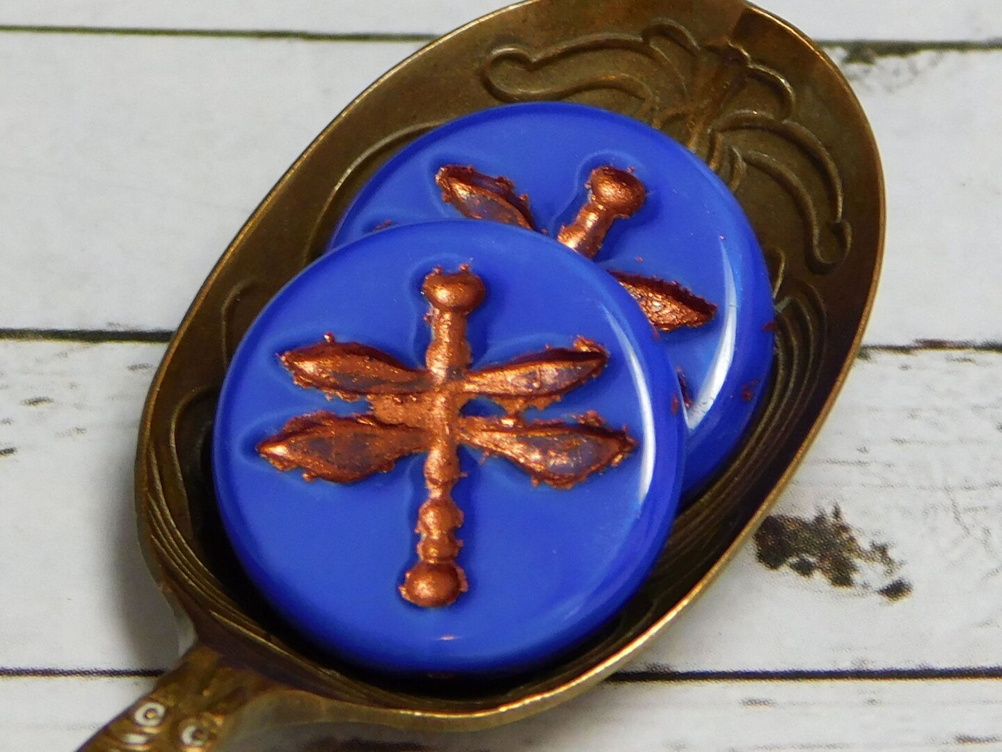 *4* 18mm Copper Washed Royal Blue Silk Dragonfly Coin Beads