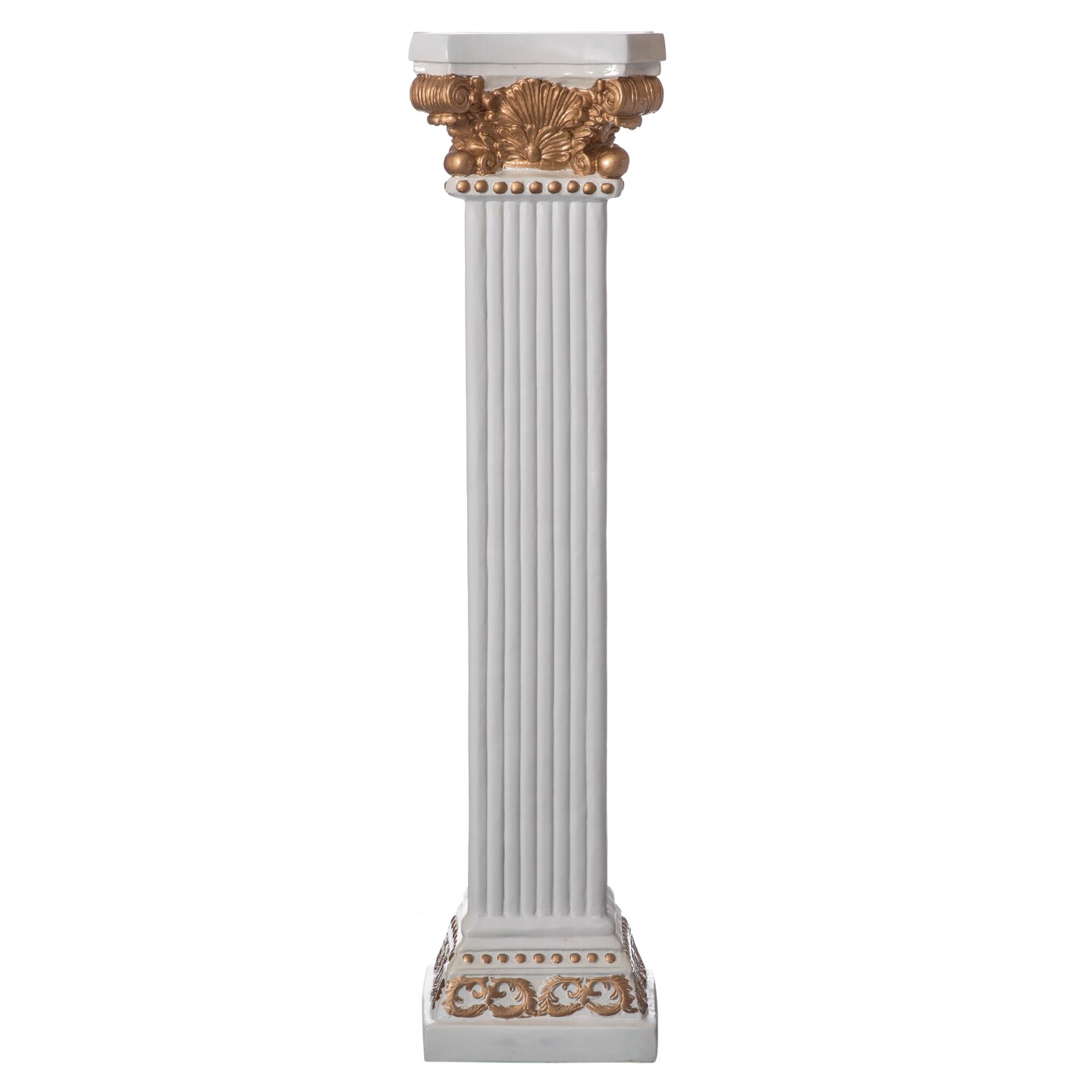 Decorative Fiberglass White and Gold Plinth Roman Style Column Ionic Piller Pedestal Vase Stand for Wedding or Party, Living Room, or Dining Room Decor - Photography Props - Sculpture Display - Greek-inspired Luxury Decor Piece with Ornate Gold Accen