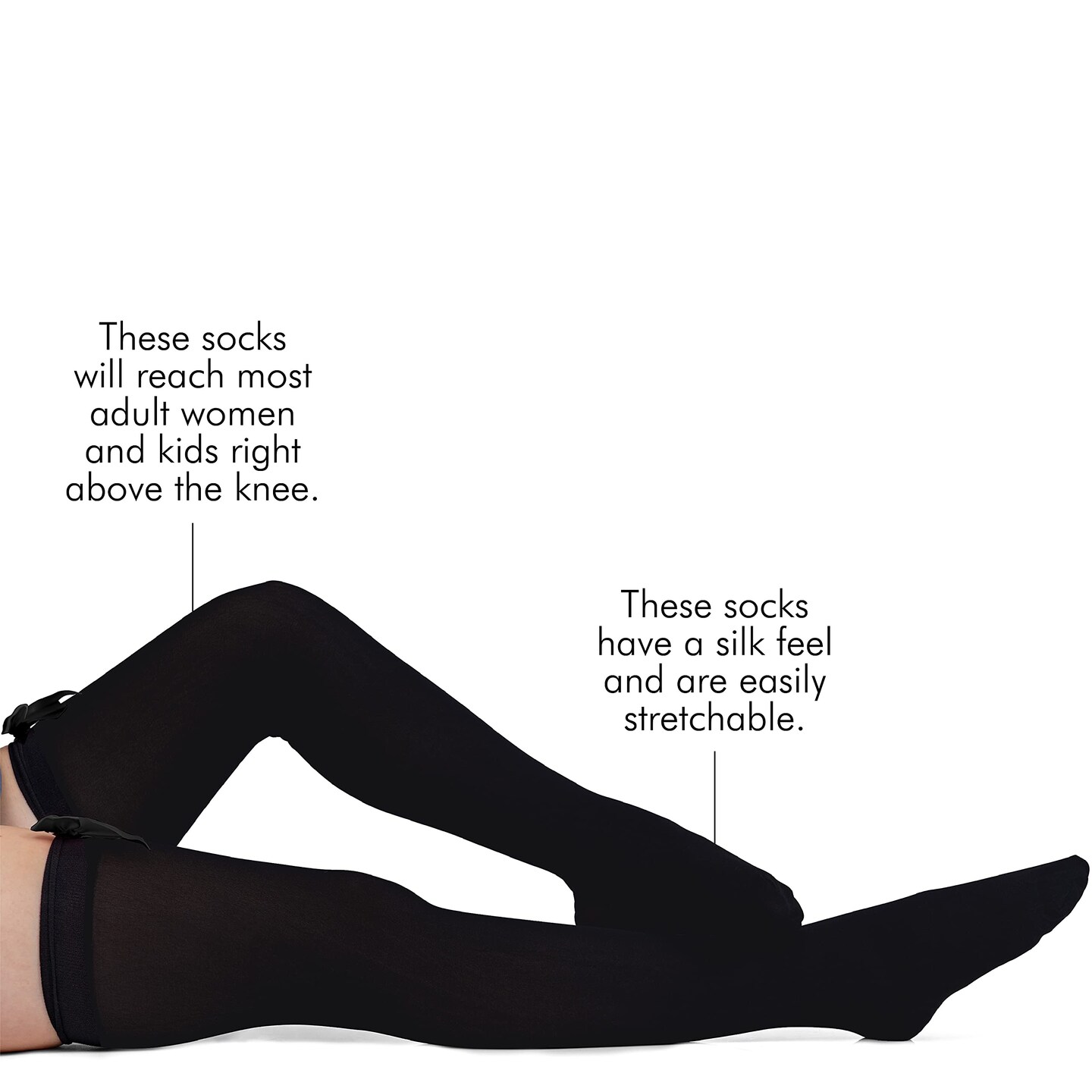 Bow Accent Thigh Highs - Black Over the Knee High Stockings with Black Satin Ribbon Bow Accent for Women and Girls