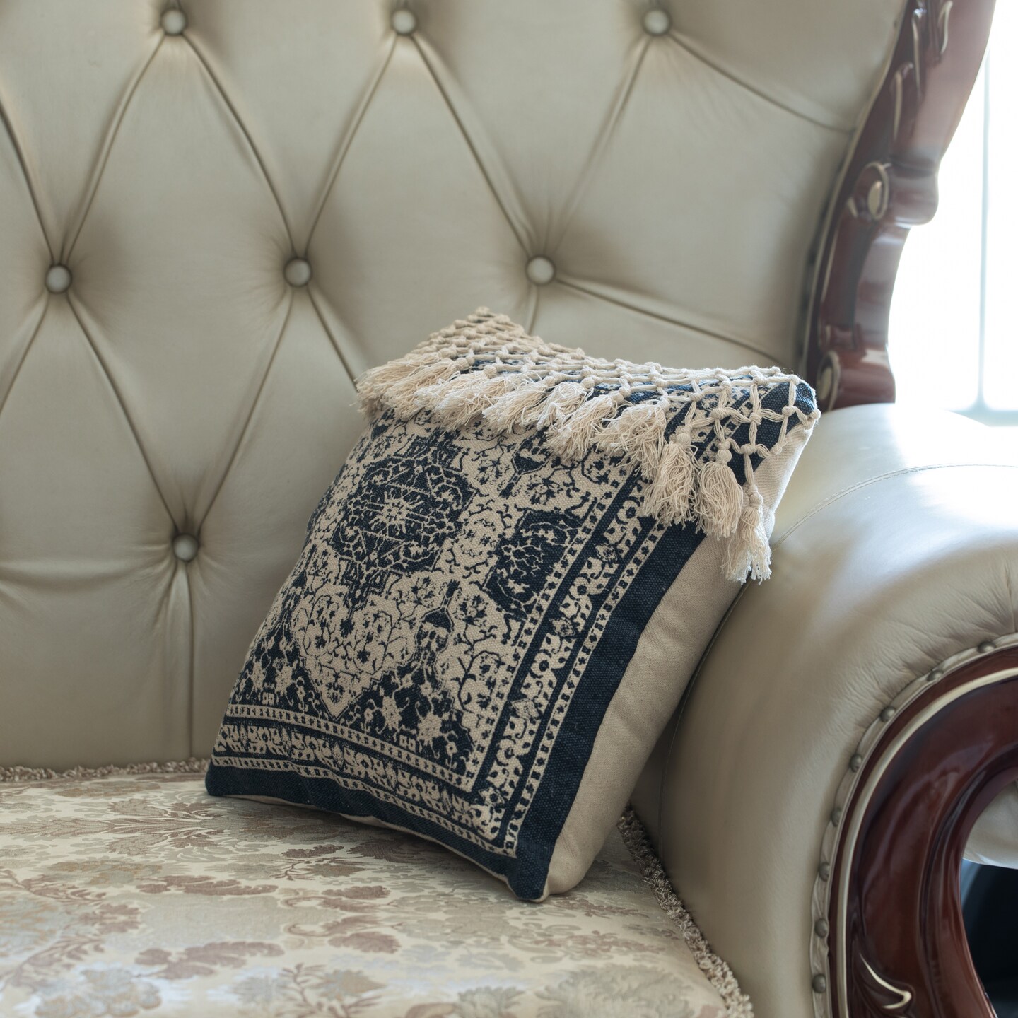 16" Handwoven Cotton Throw Pillow Cover with Traditional Pattern and Tasseled Top