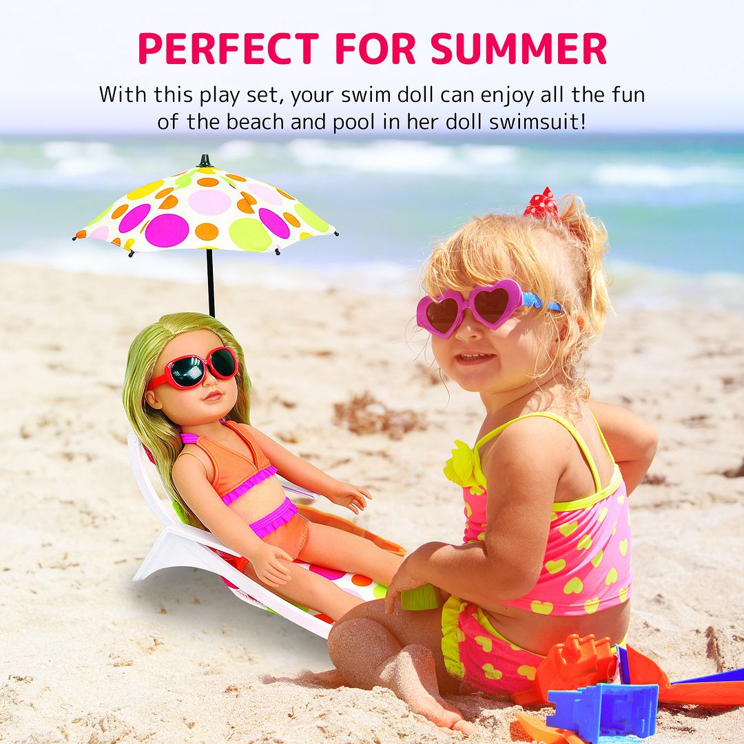 Summer Beach and Pool Set for 18 in Dolls, 10 Piece Accessories Set, Playset Includes Baby Doll Swimsuit, Umbrella, Beach Chair, Sunglasses, and More by Beverly Hills Doll