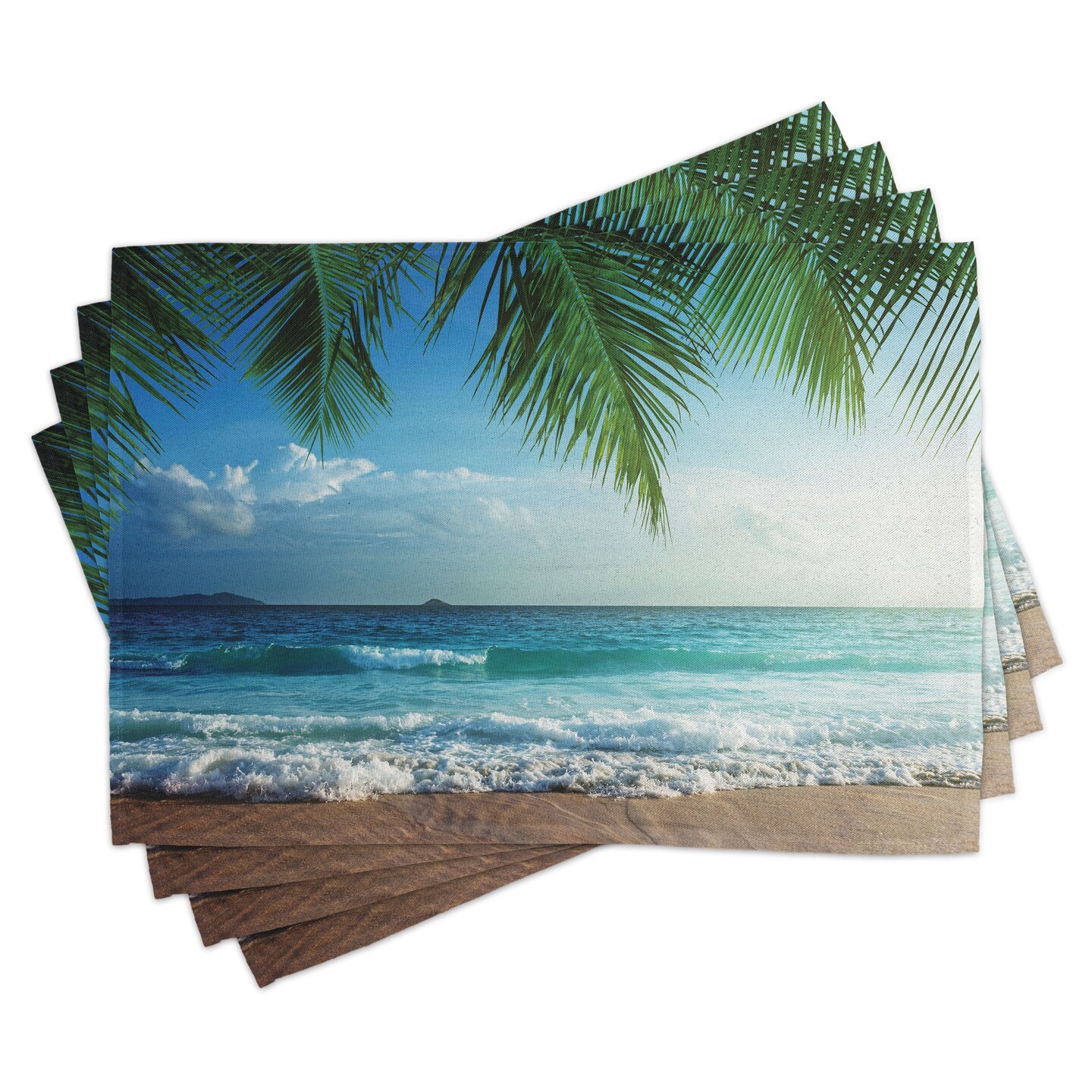 Ambesonne Ocean Place Mats Set of 4, Palms Tropical Island Beach Maldives Photography Home Postcard Traveler Explorer, Washable Fabric Placemats for Dining Table, Standard Size, Green and Blue