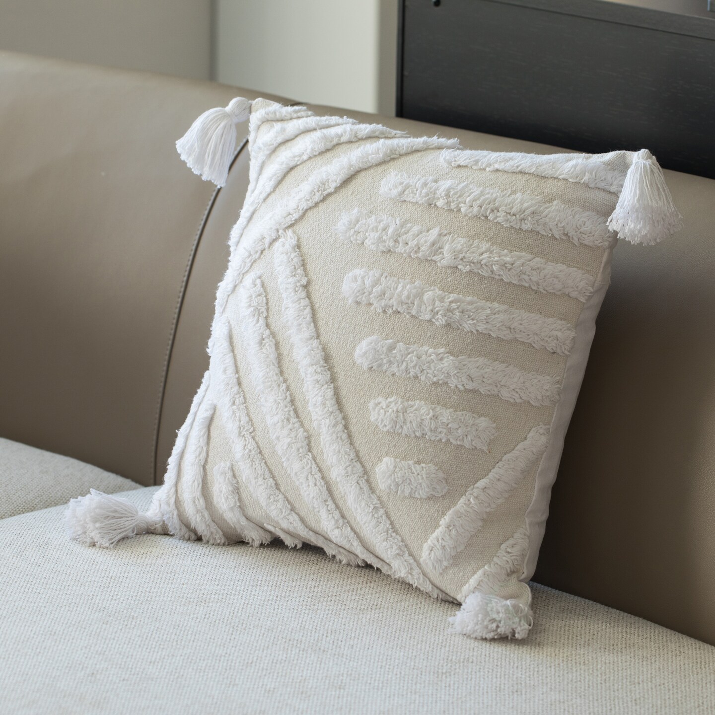 16" Handwoven Cotton Throw Pillow Cover with White Tufted Patterns and Tassel Corners