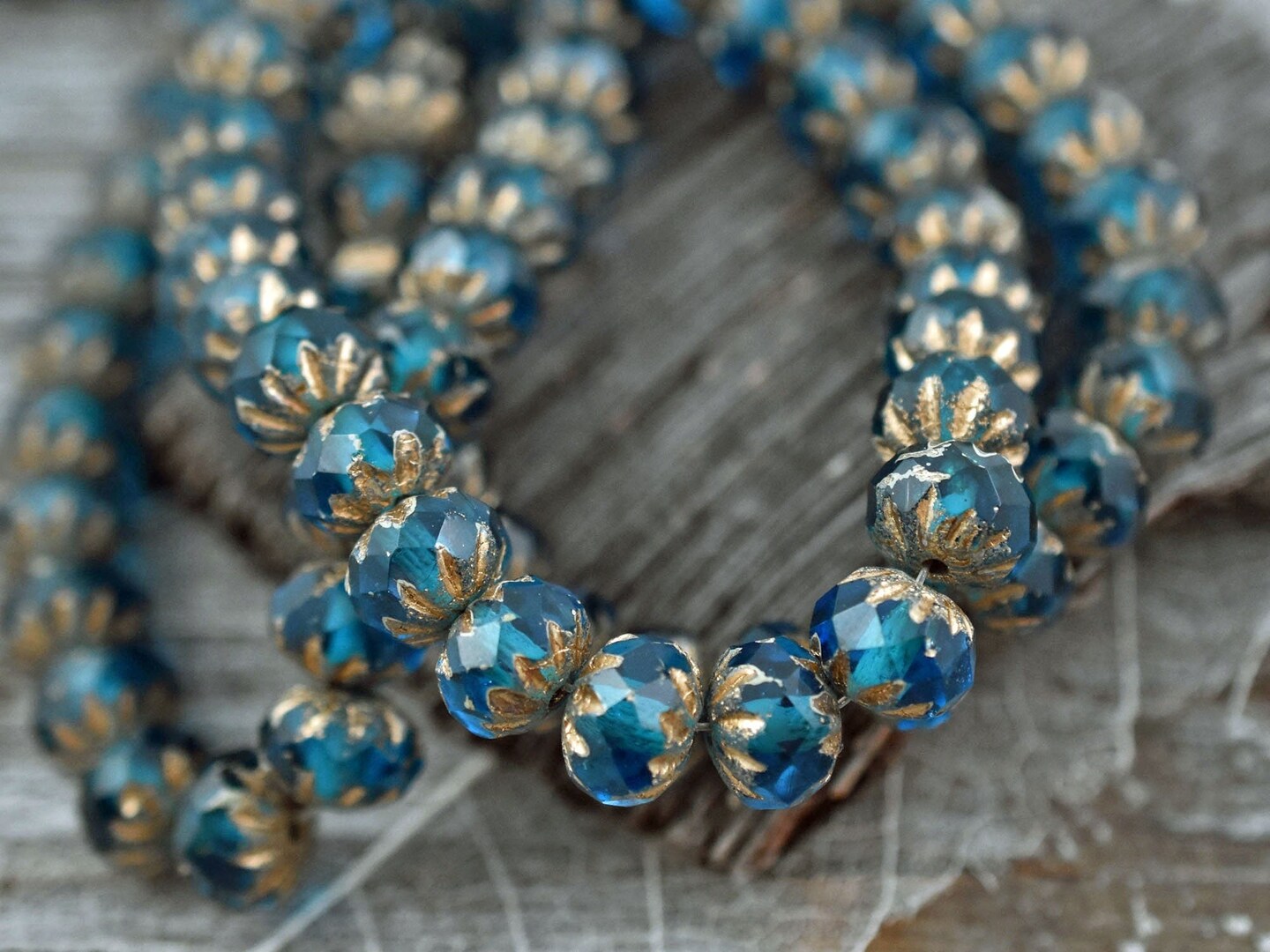 *25* 6x9mm Etched Gold Washed Pacific Blue Cruller Rondelle Beads
