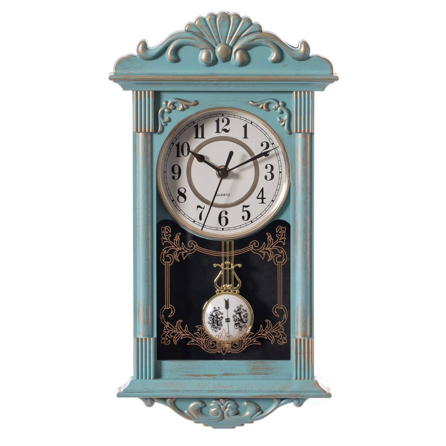 Clockswise Vintage Grandfather Wood-Looking Plastic Pendulum Decorative Battery Operated Wall Clock Brown, for Office, Home Decor, Living Room, Kitchen, or Dining Room