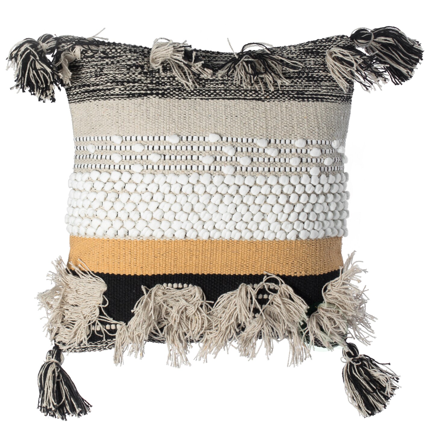 16&#x22; Boho Handwoven Cotton Throw Pillow Cushion Cover with Tassels, Beige