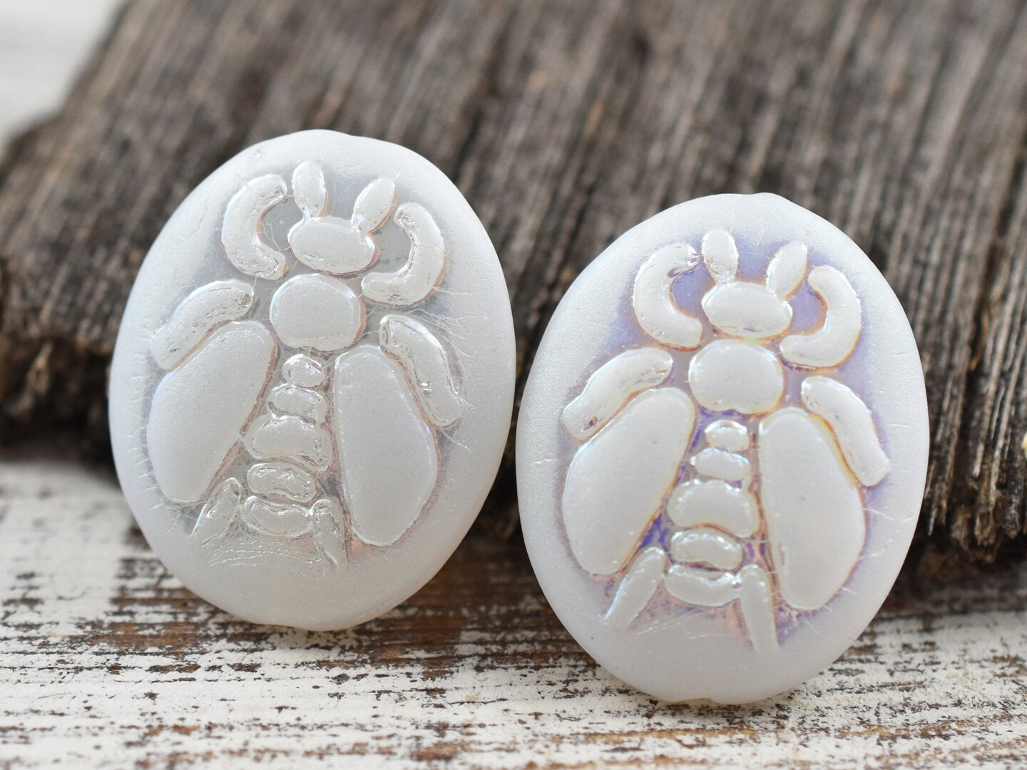 *2* 22x18mm Matte White Opal AB Bumblebee Oval Beads
