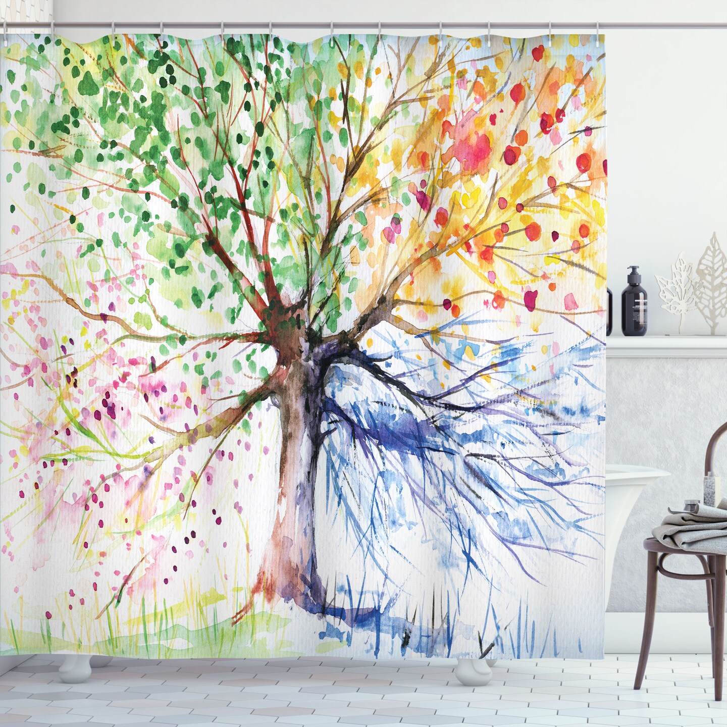 Ambesonne Tree Shower Curtain, Watercolor Style Drawing Art with Colorful Blooming Branches 4 Seasons Theme Printed, Cloth Fabric Bathroom Decoration for Home Set with Hooks, 69&#x22; W x 75&#x22; L White Green