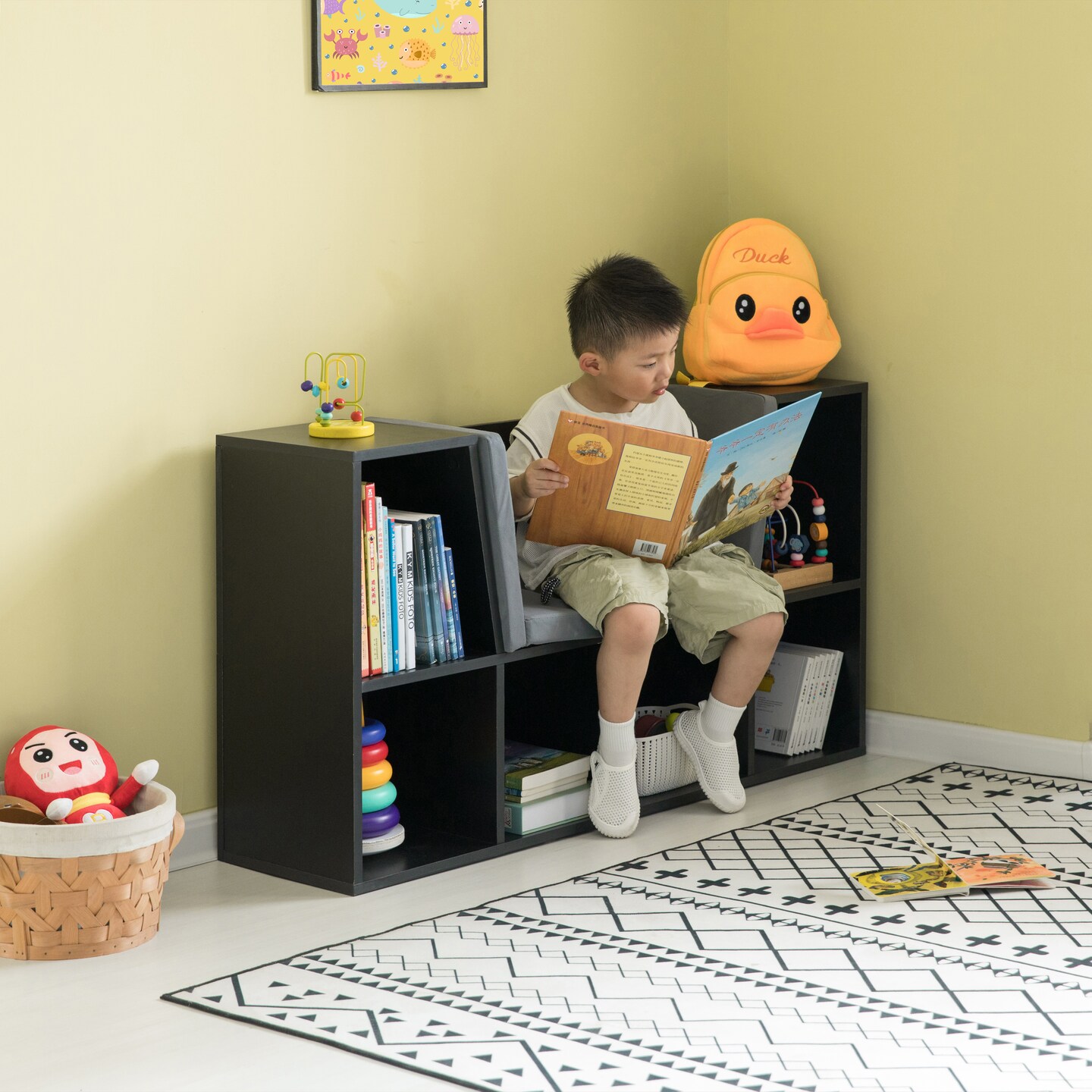 Modern MultiPurpose Bookshelf with Storage Space and Gray Cushioned