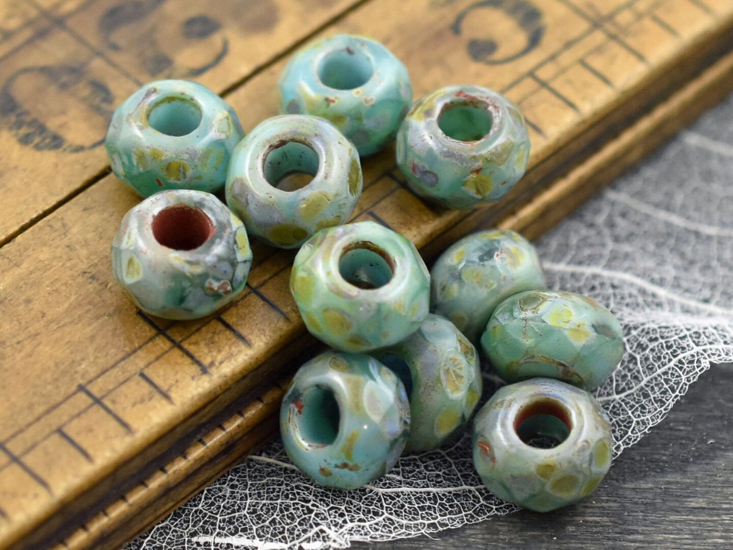 *25* 5x8mm Green Turquoise Picasso Faceted Large Hole Rondelle Roller Beads