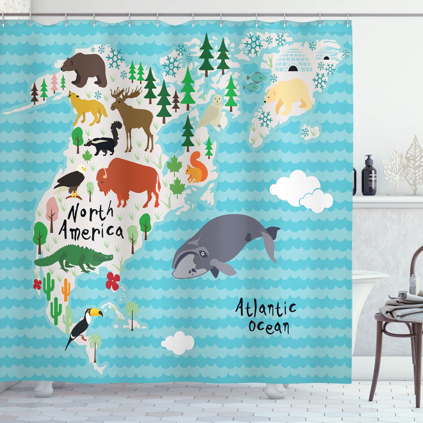 Ambesonne North America Shower Curtain, Continent Map with Cartoon Style Indigenous Animals Bear Moose Whale Gator, Cloth Fabric Bathroom Decor Set with Hooks, 69" W x 70" L, Turquoise Grey