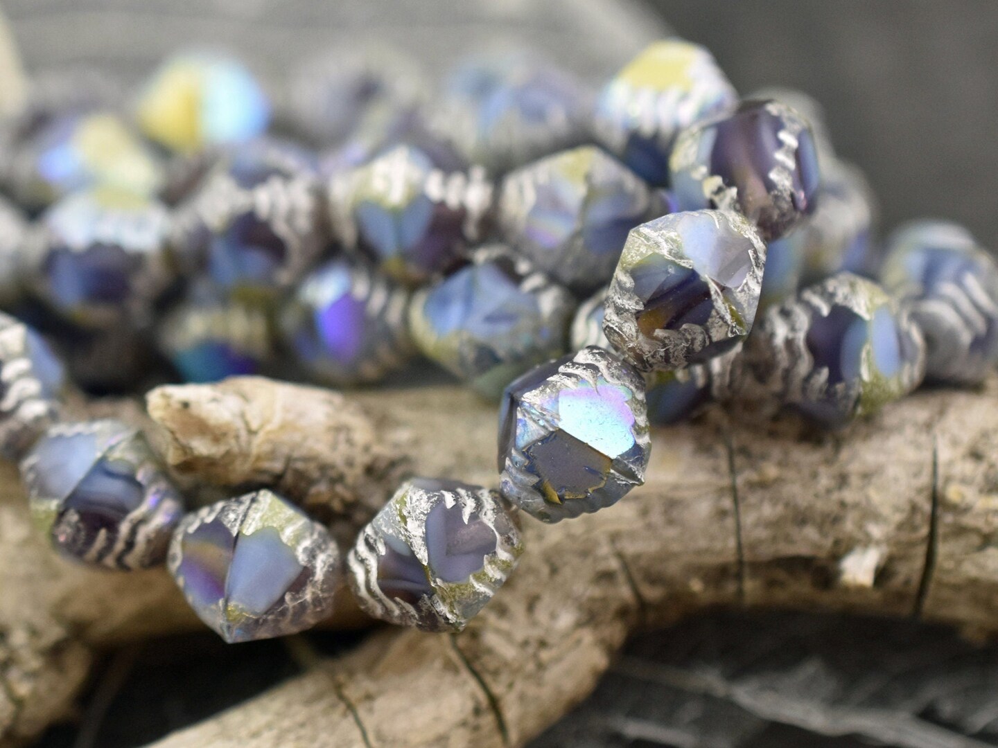 *15* 10x8mm Antique  Silver Washed Cornflower Violet AB Faceted Bicone Beads