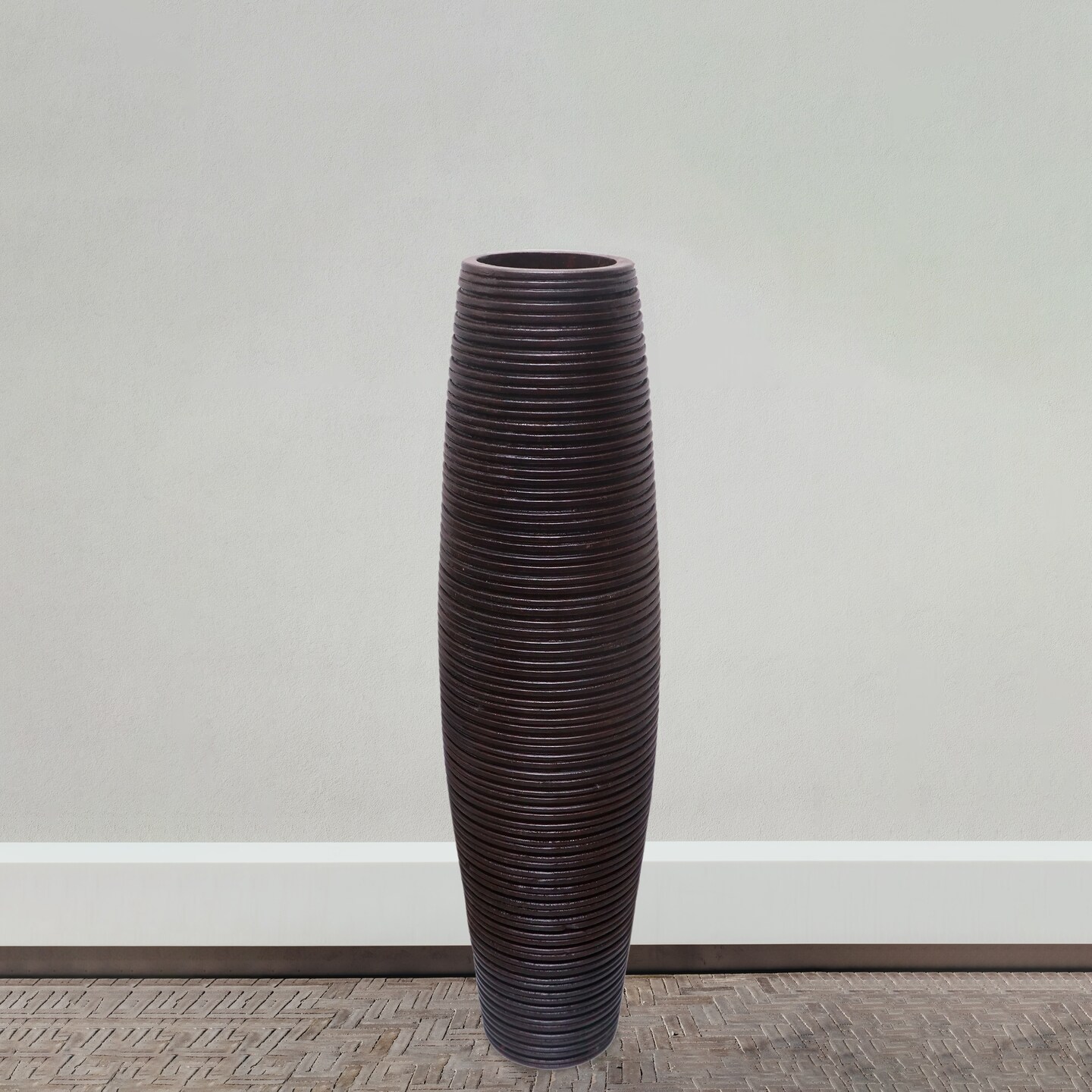 Brown Decorative Contemporary Mango Wood Ribbed Design Round Vase