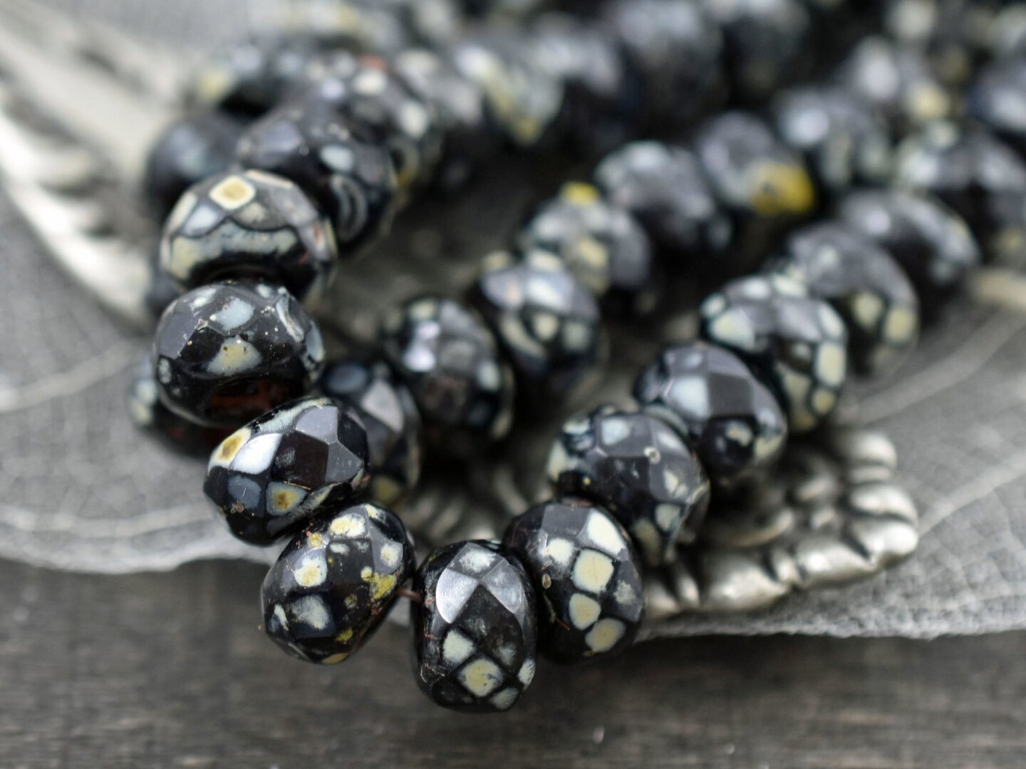 *25* 5x8mm Jet Picasso Faceted Large Hole Rondelle Roller Beads