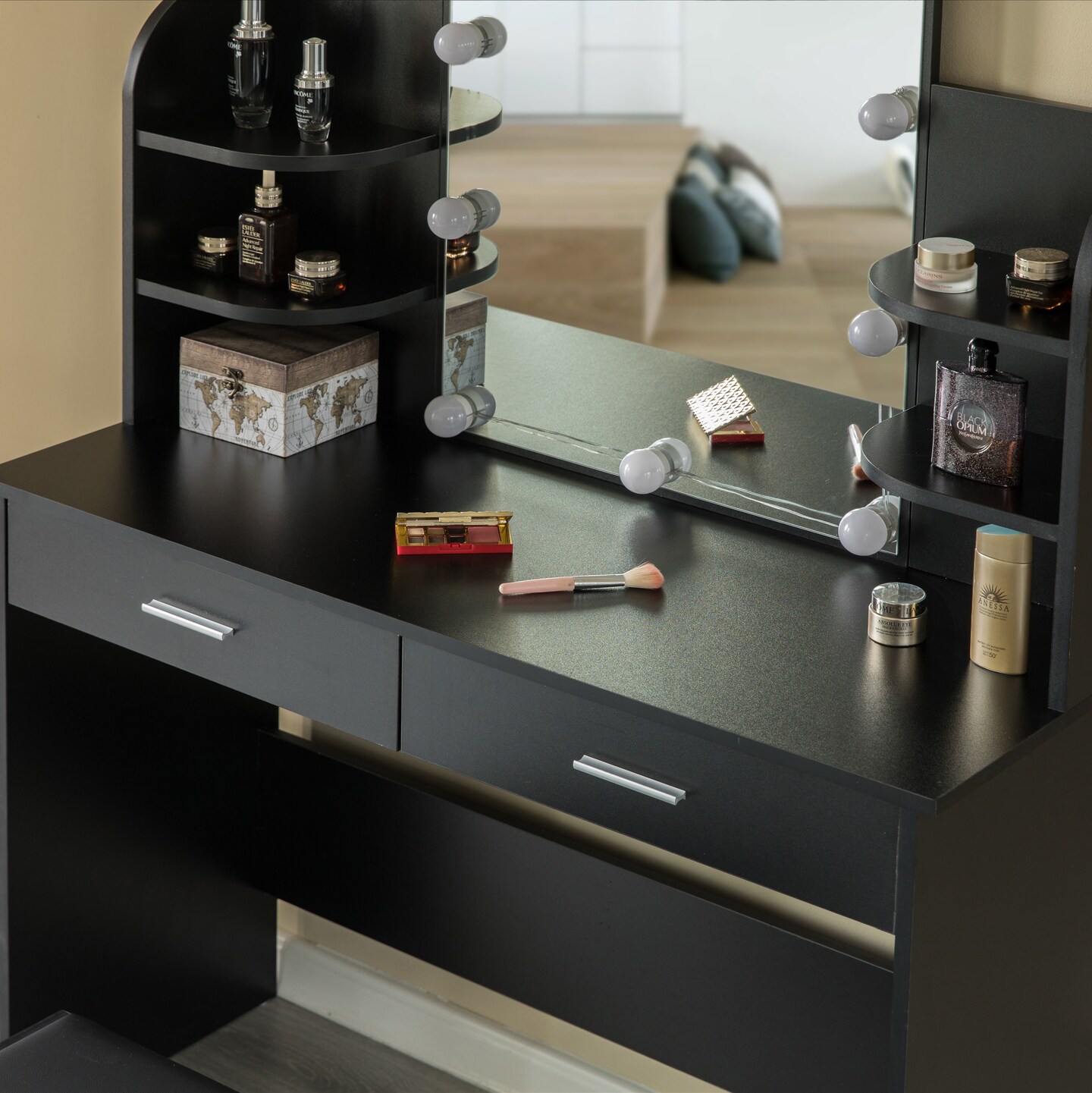 Modern Wooden Vanity Dressing Table With Two Drawers, Led Mirror and Stool