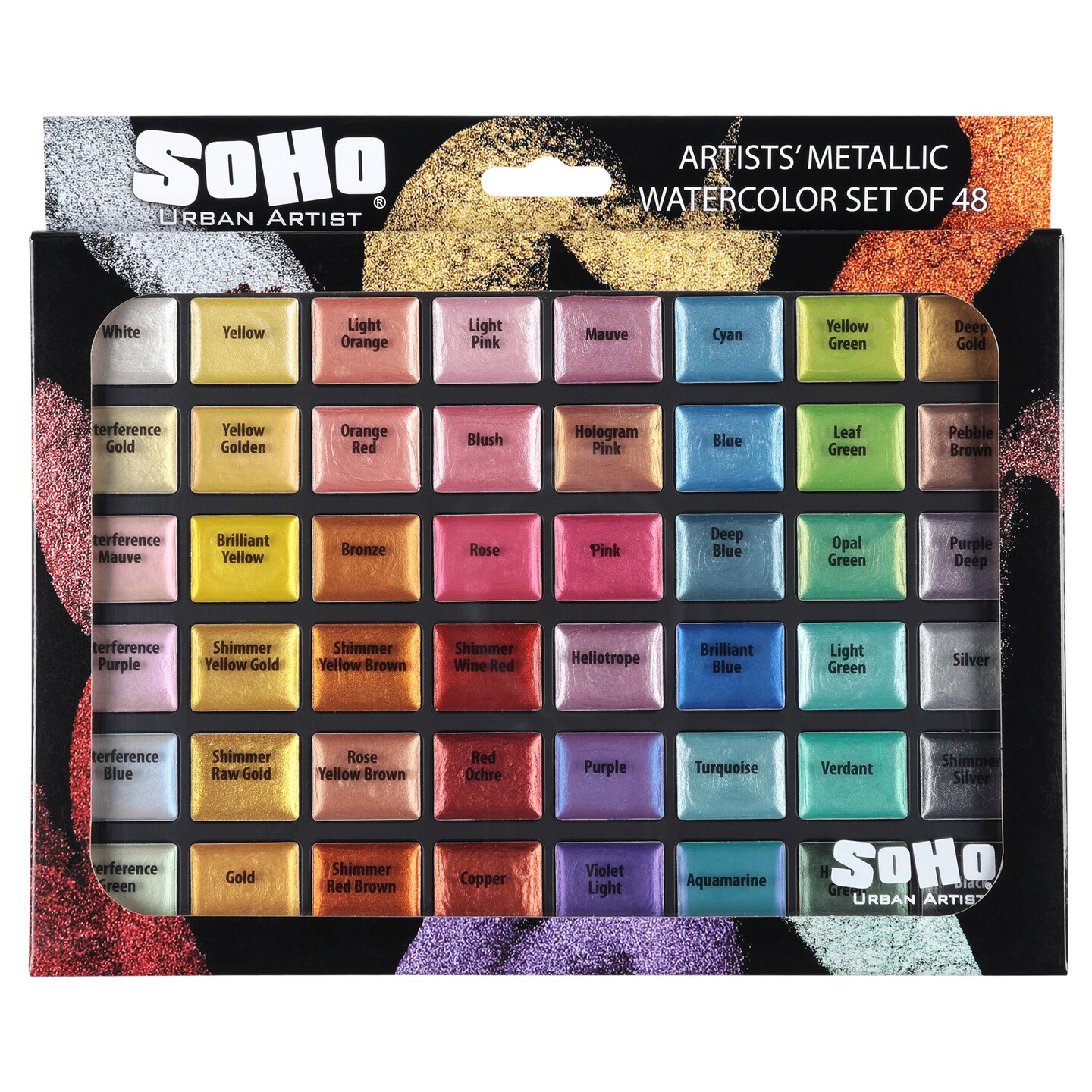 SoHo Urban Artist Metallic Watercolor Paint Sets Semi-Moist Whole Pan Vibrant Shimmering Glitter Colors, Works on Black Paper