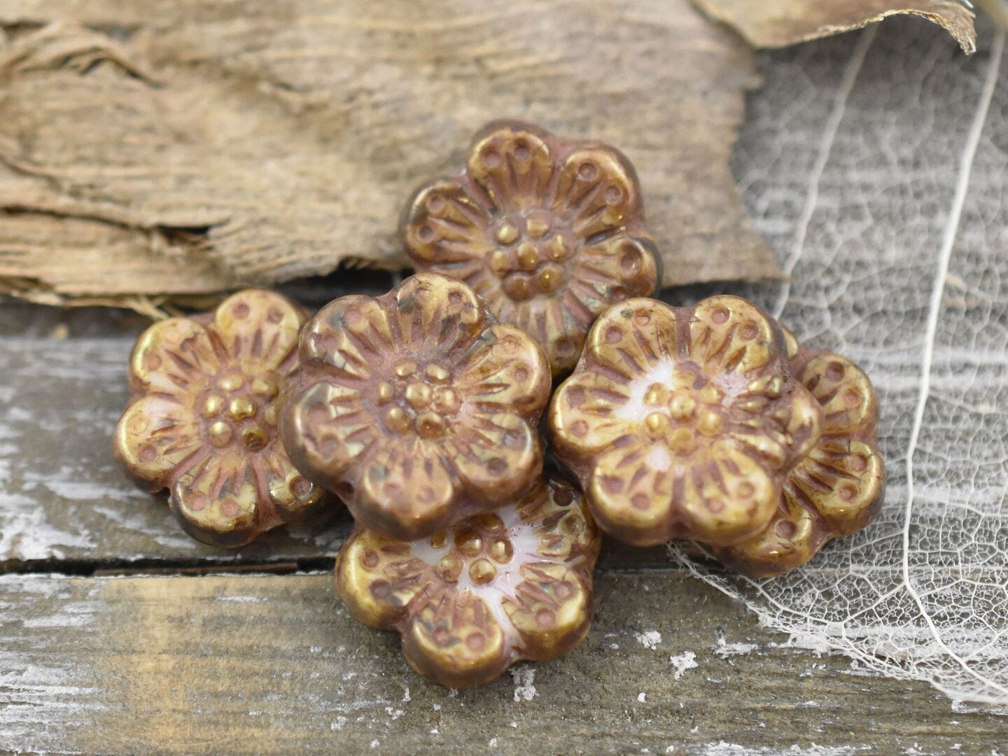 *6* 14mm Opaque Goldstone Luster Wildflower Beads