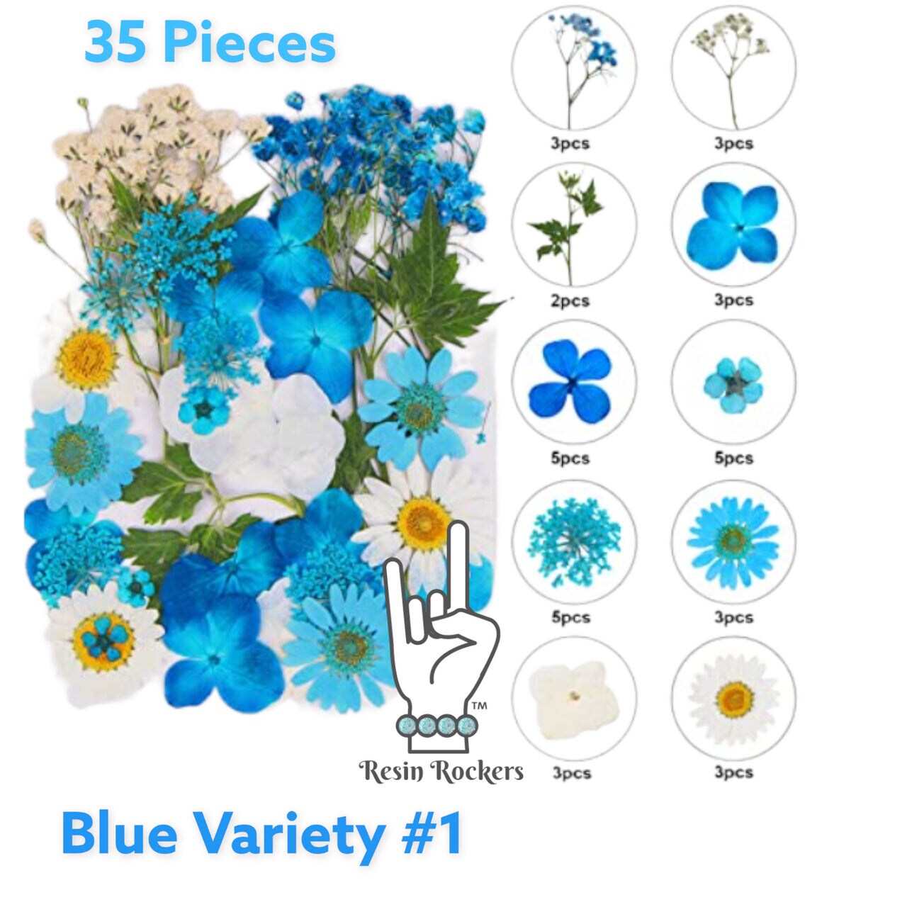 35 Piece Blue Variety Dried Pressed Real Natural Flowers For Epoxy &#x26; UV Resin Art