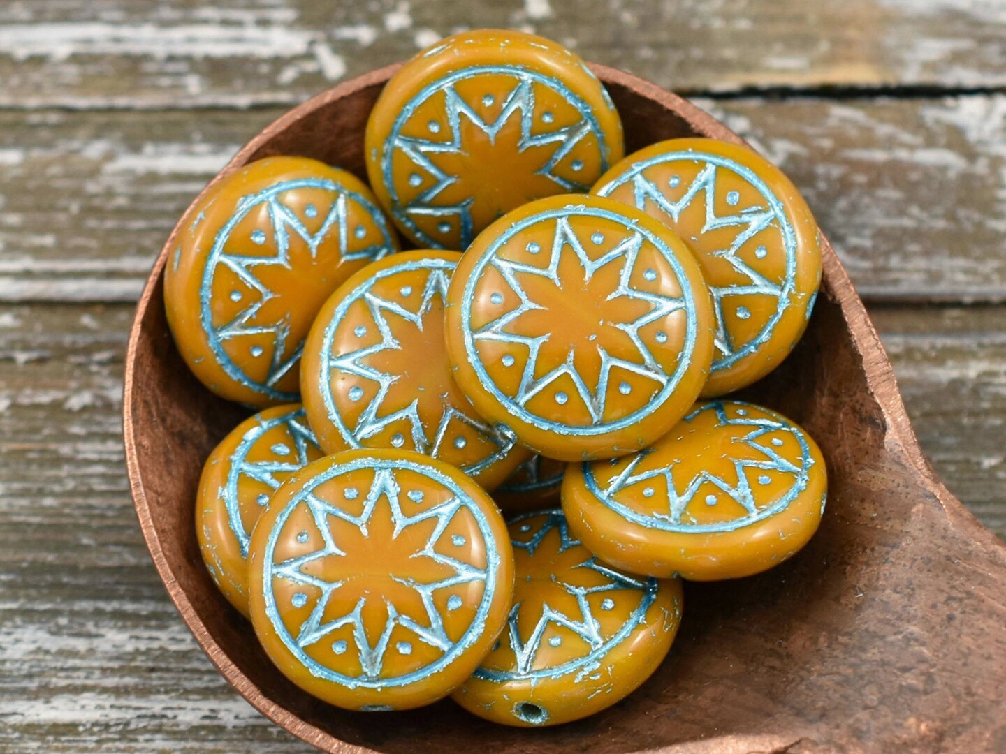 *6* 13mm Turquoise Washed Opaque Ocre Ishtar Coin Beads Michaels