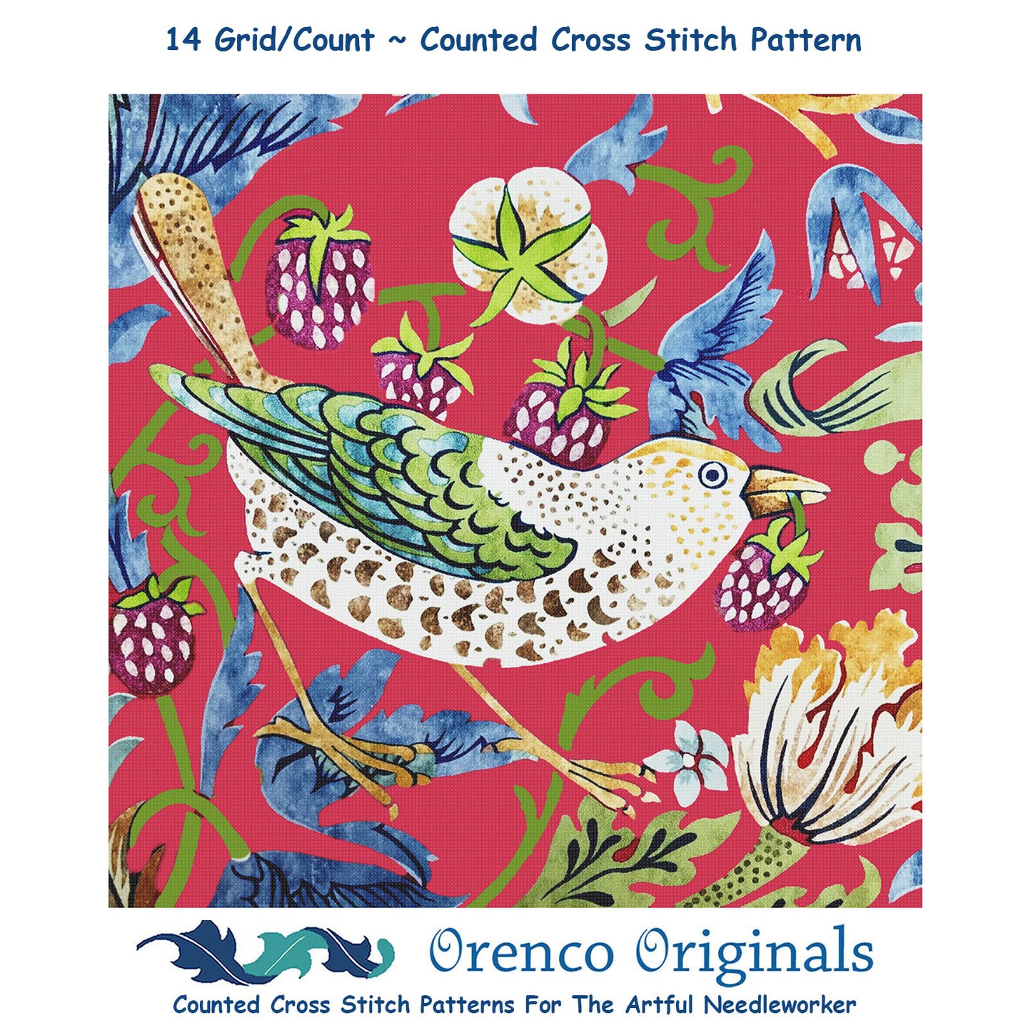 New William Morris Strawberry Thief Detail in Red Counted Cross Stitch Pattern