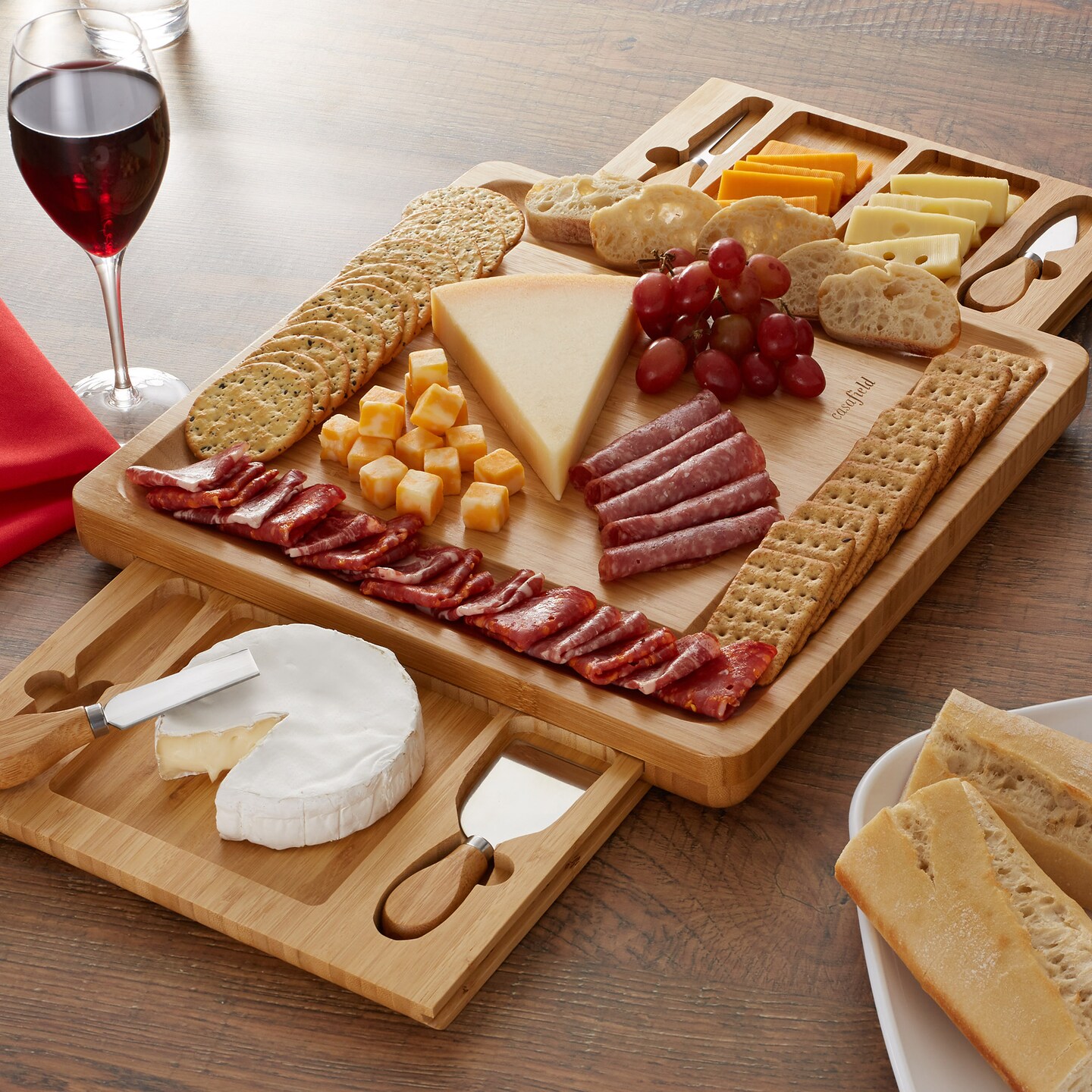 Casafield Bamboo Cheese Board Gift Set, Charcuterie Board Serving Platter with Stainless Steel Knives for Entertaining, Christmas, Birthdays, Weddings