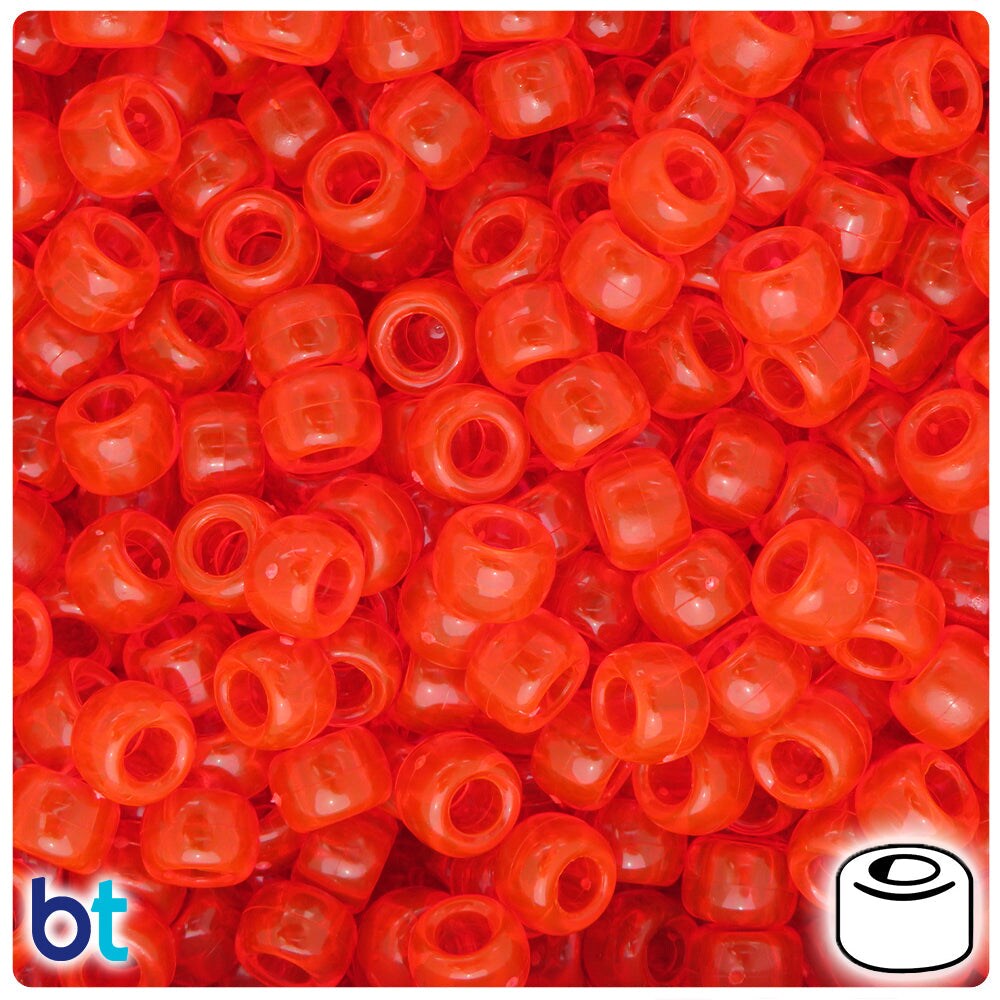 BeadTin Fire Red Transparent 9mm Barrel Plastic Pony Beads (500pcs)