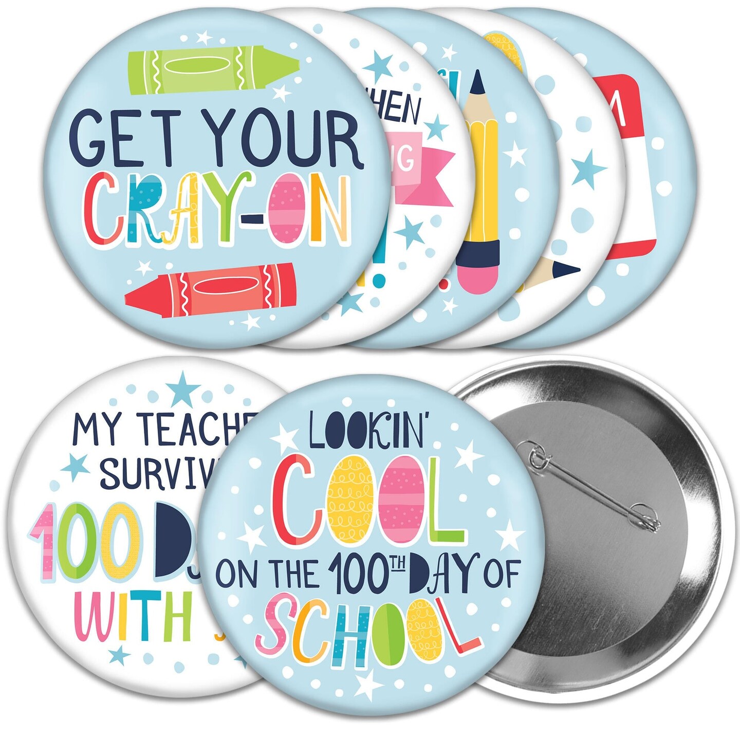 Big Dot of Happiness Happy 100th Day of School - 3 inch 100 Days Party Badge - Pinback Buttons - Set of 8