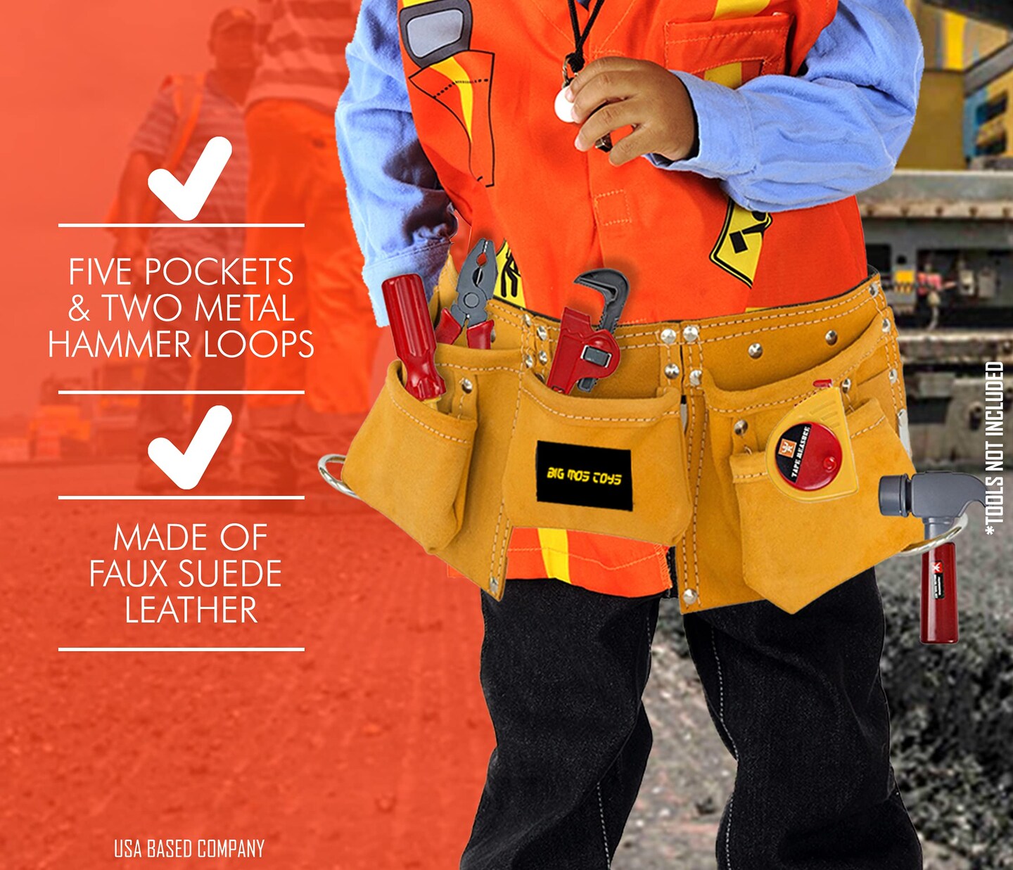 Big Mo's Toys Tool Belt - Kids Brown Faux Suede Pretend Play Belt for Tools with Adjustable Strap