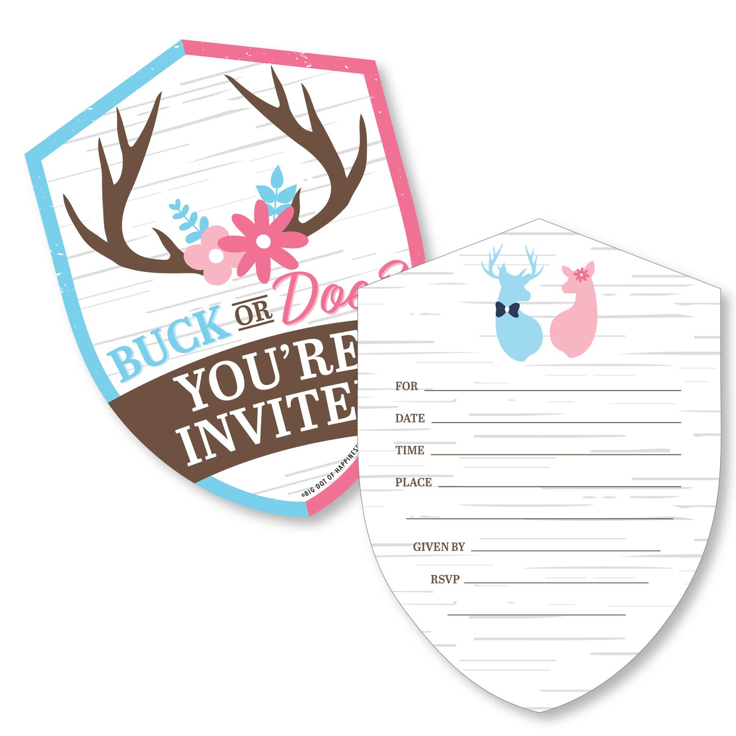 Big Dot of Happiness Buck or Doe - Shaped Fill-In Invitations - Hunting Gender Reveal Party Invitation Cards with Envelopes - Set of 12