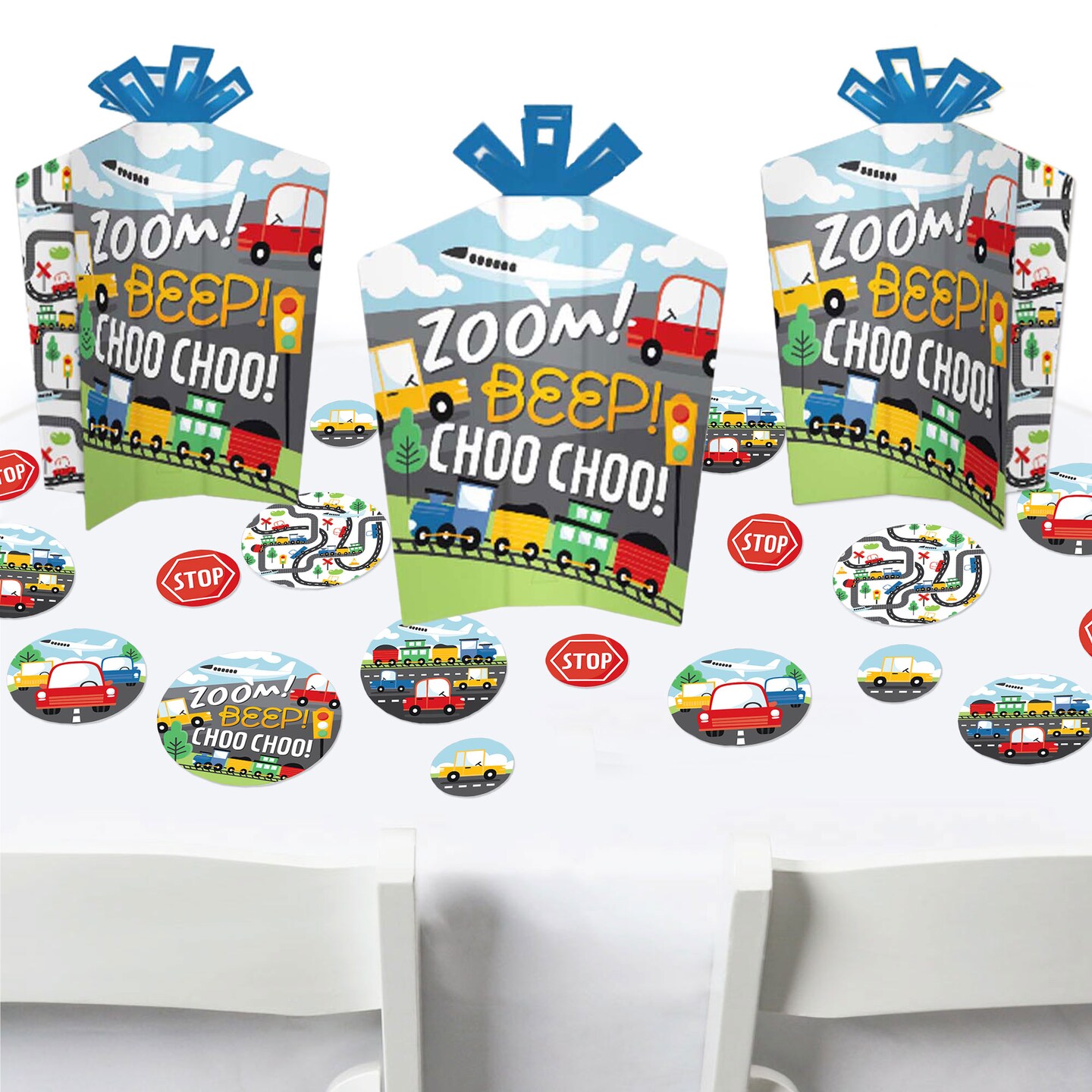 Big Dot of Happiness Cars, Trains, and Airplanes - Transportation Birthday Party Decor and Confetti - Terrific Table Centerpiece Kit - Set of 30
