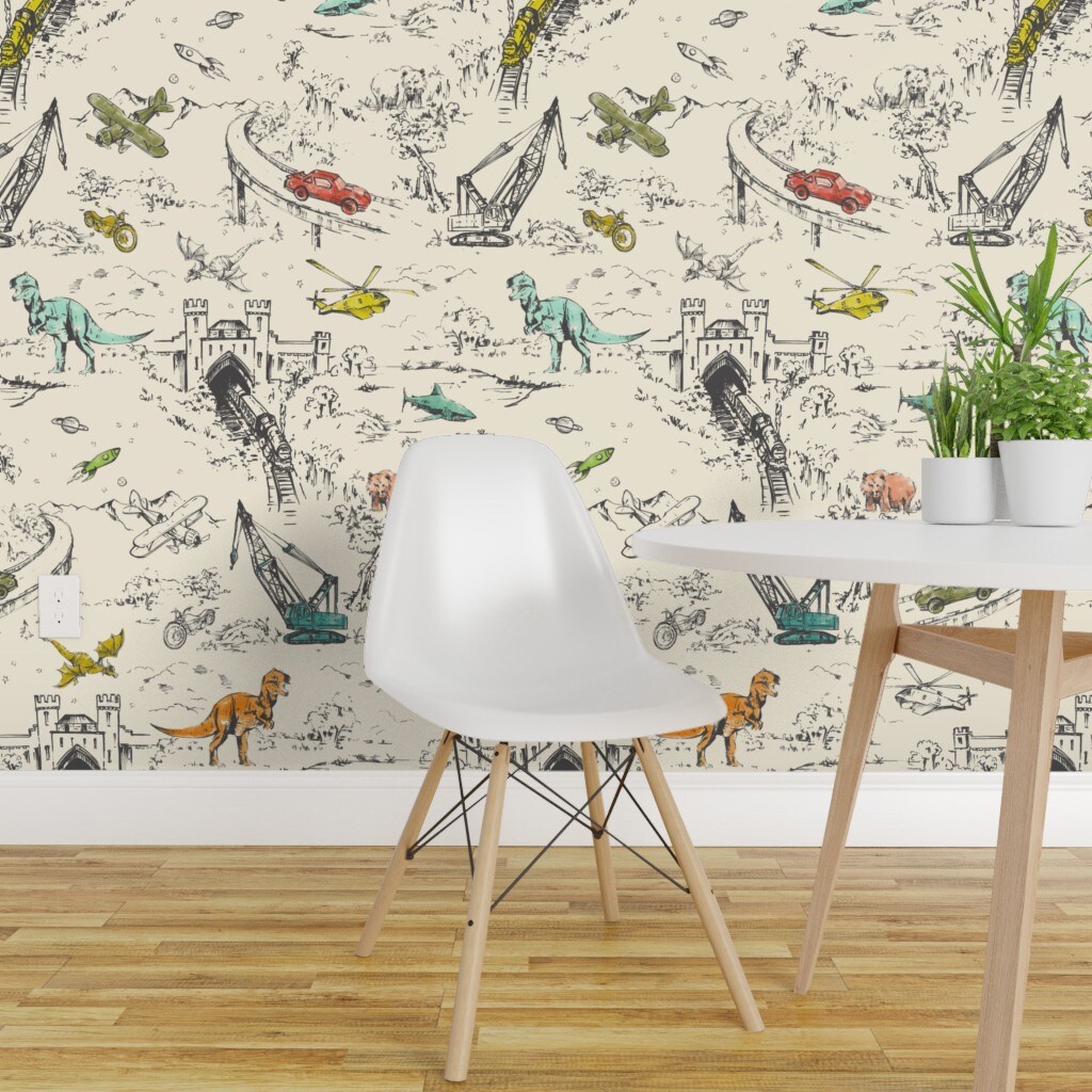 Peel &#x26; Stick Wallpaper 2FT Wide Hand Drawn Toile Wallpaper Dinosaur Cars Helicopters Trains Construction Dragon Bear Kids Custom Removable Wallpaper by Spoonflower