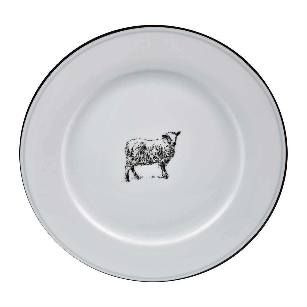 Country Farm Dinner Plate - 11" Farm Animal in Black on White Porcelain, Farmhouse Kitchen Dishes, Sheep