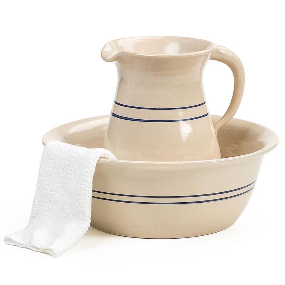 Martinez Pottery Heritage Blue Stripe Stoneware Wash Basin and Pitcher Set