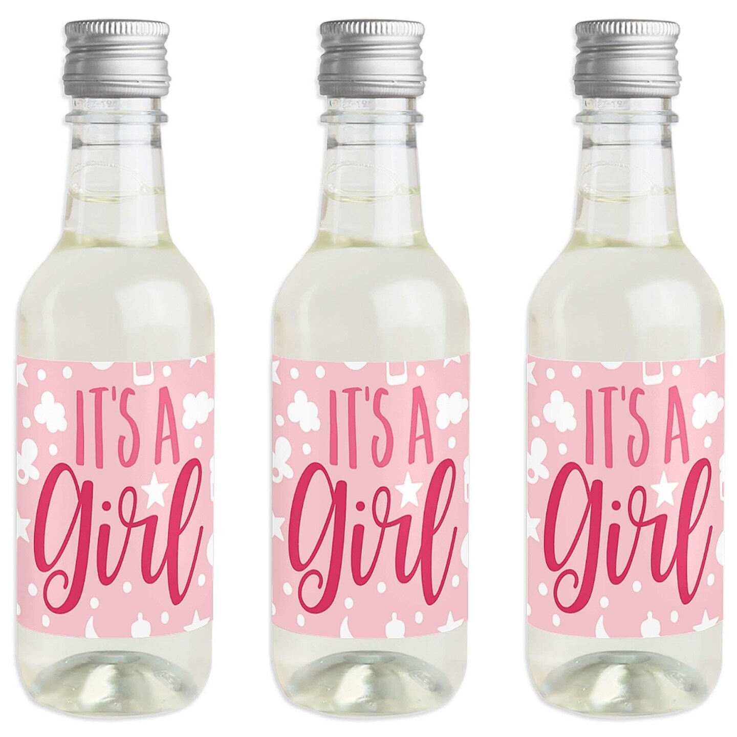Big Dot of Happiness It&#x27;s a Girl - Mini Wine and Champagne Bottle Label Stickers - Pink Baby Shower Favor Gift for Women and Men - Set of 16