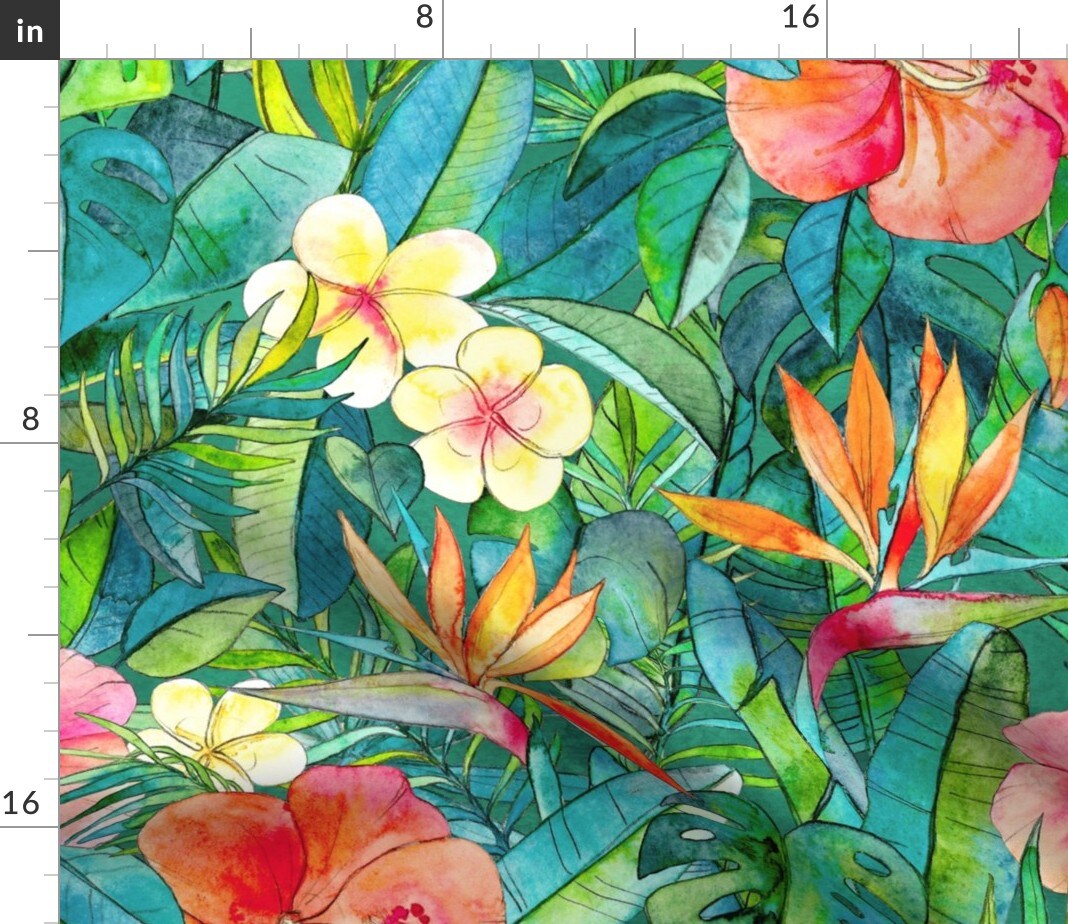 Tropical, Flowers, Garden, Watercolors, Extra Large, Floral, Jungle, Lush, Hibiscus, Green, Hawaiian, Bird Of Paradise, Orange Custom Printed Fabric by Spoonflower Various Fabrics by the Yard or Fat Quarter