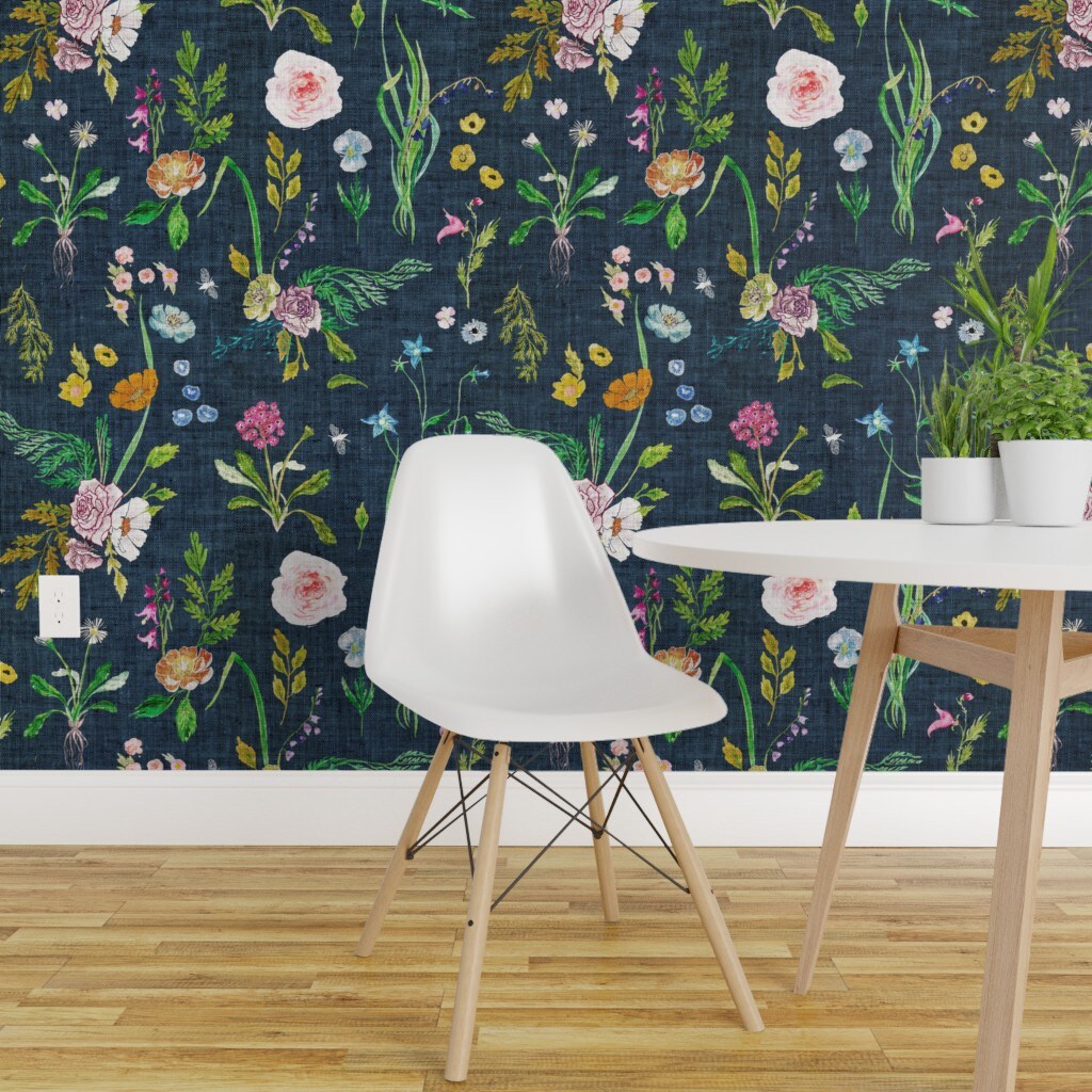 Peel &#x26; Stick Wallpaper 2FT Wide Floral Summer Daisy Navy Blue Flowers Rose Vintage Custom Removable Wallpaper by Spoonflower